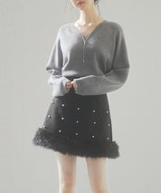 パール付きハイウエストツイードミニスカートsdp0145b ブラック