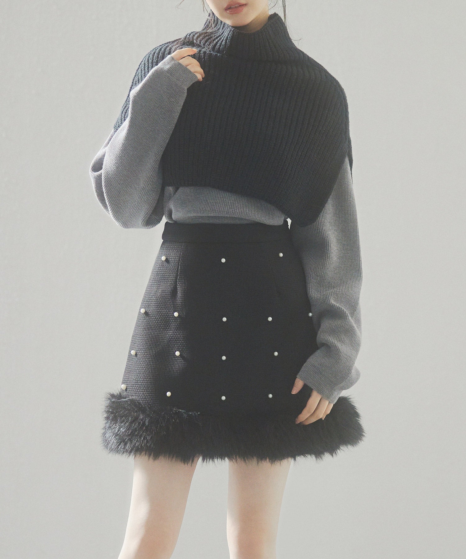 パール付きハイウエストツイードミニスカートsdp0145b ブラック