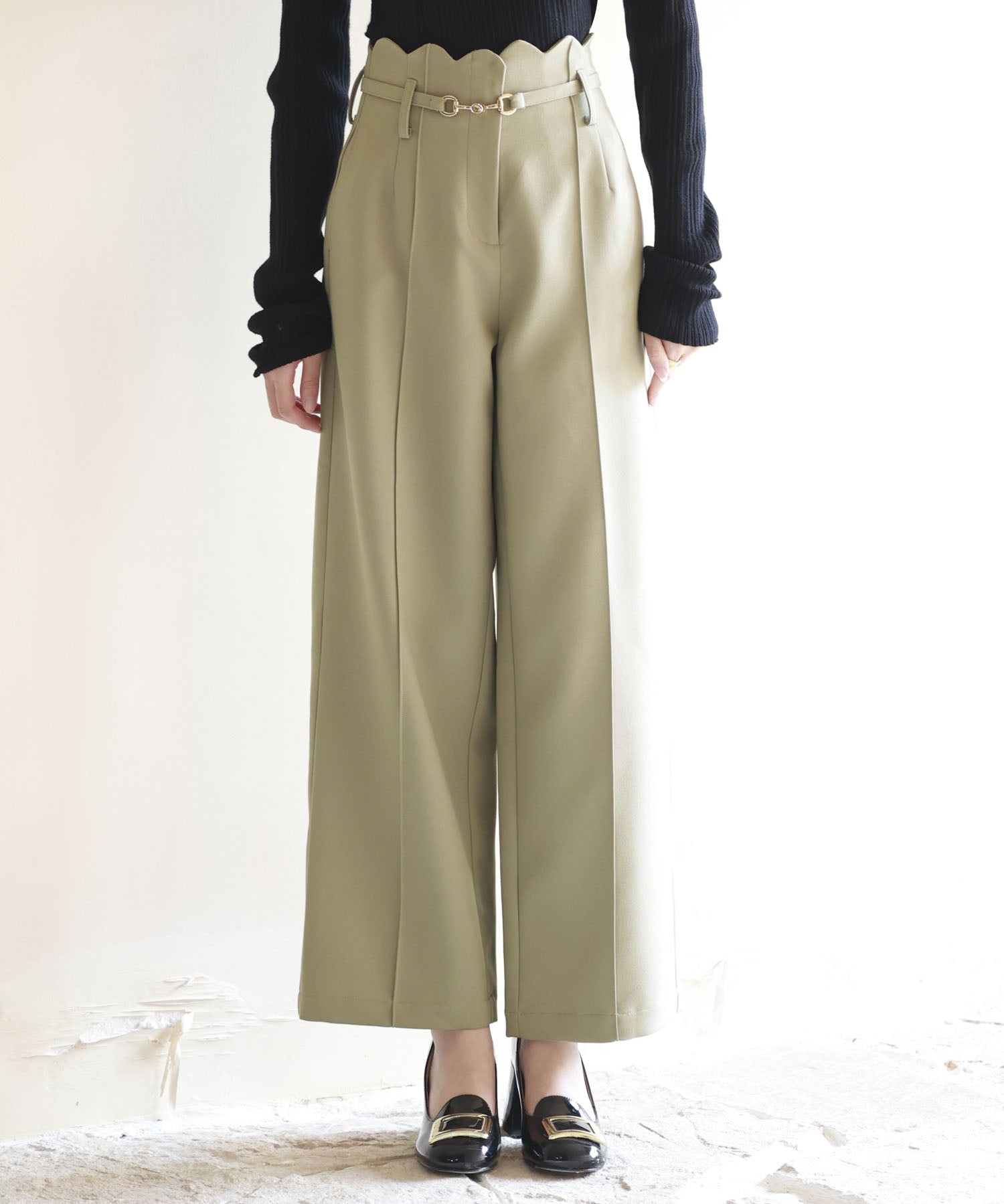 スカラップウエストワイドパンツsdp0172 ベージュ