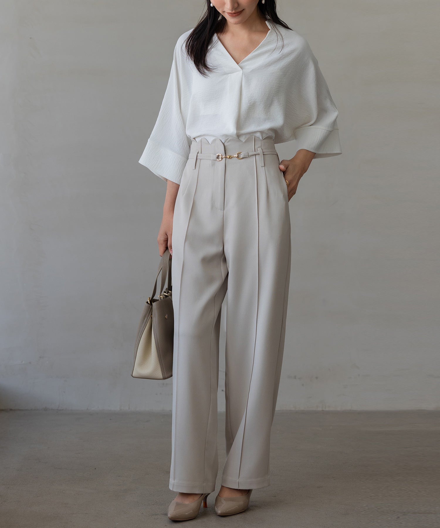 【生地リニューアル】スカラップハイウエストパンツsdp0172b ベージュ