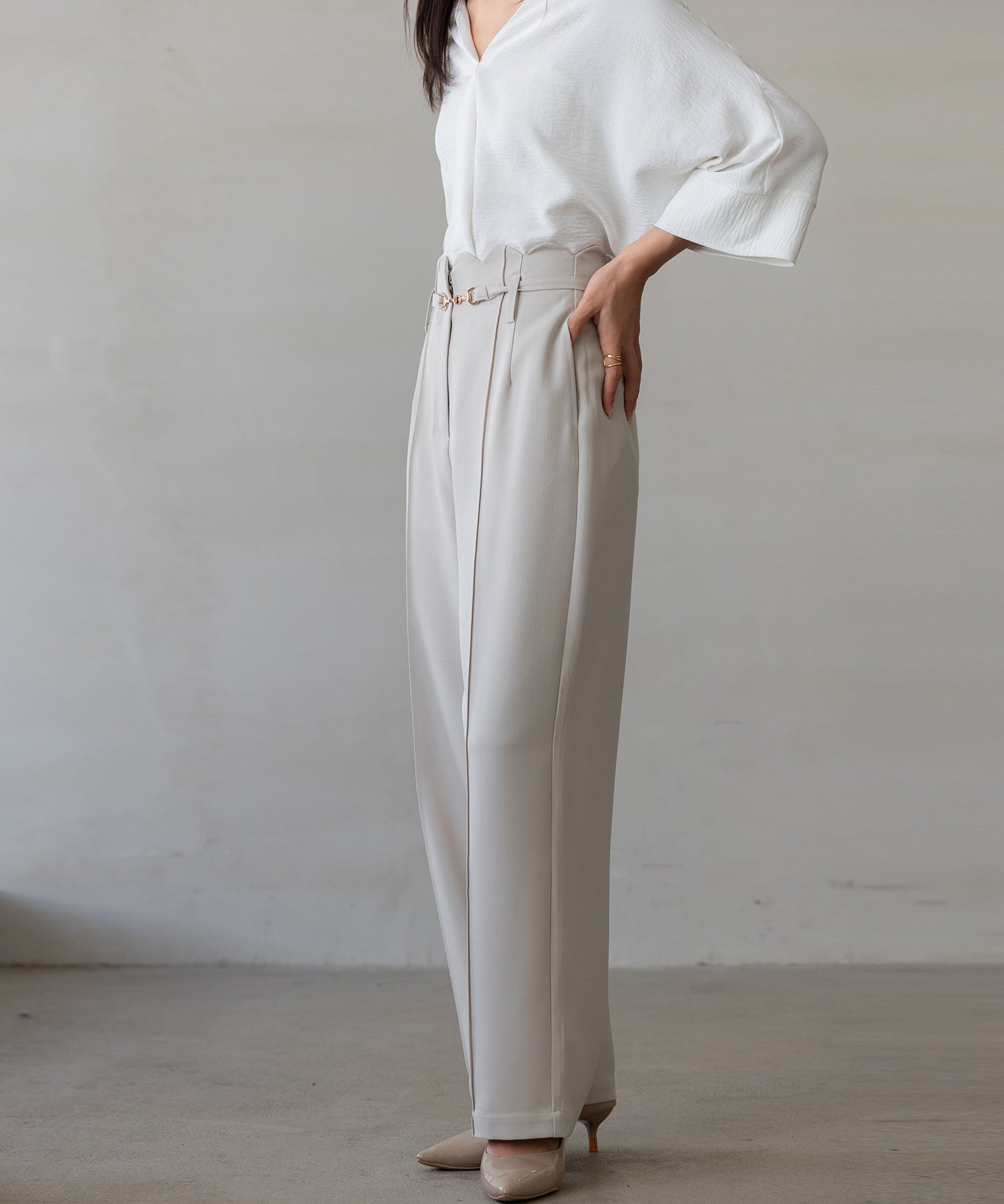 【生地リニューアル】スカラップハイウエストパンツsdp0172b ベージュ