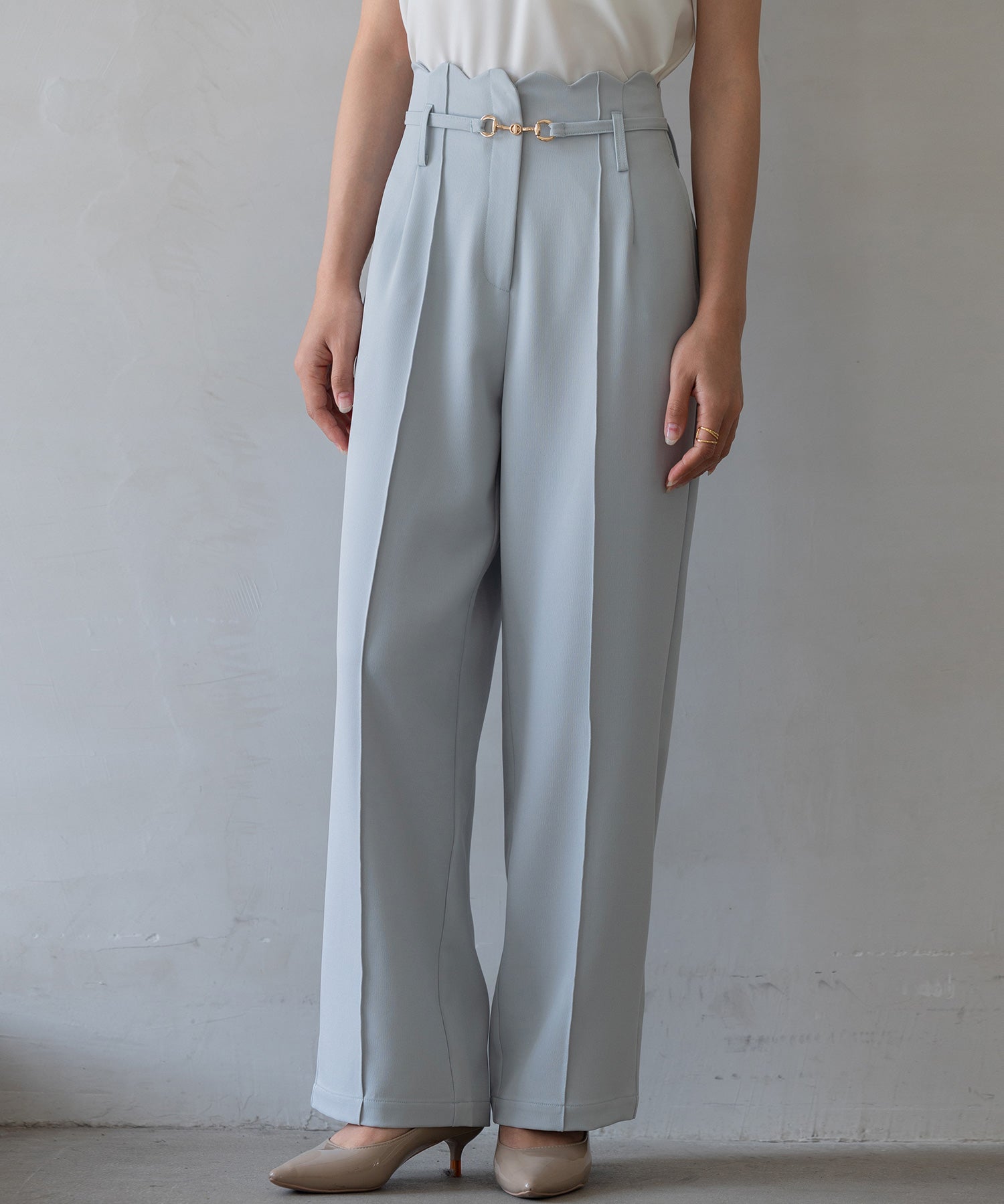 【生地リニューアル】スカラップハイウエストパンツsdp0172b ブルーグレー