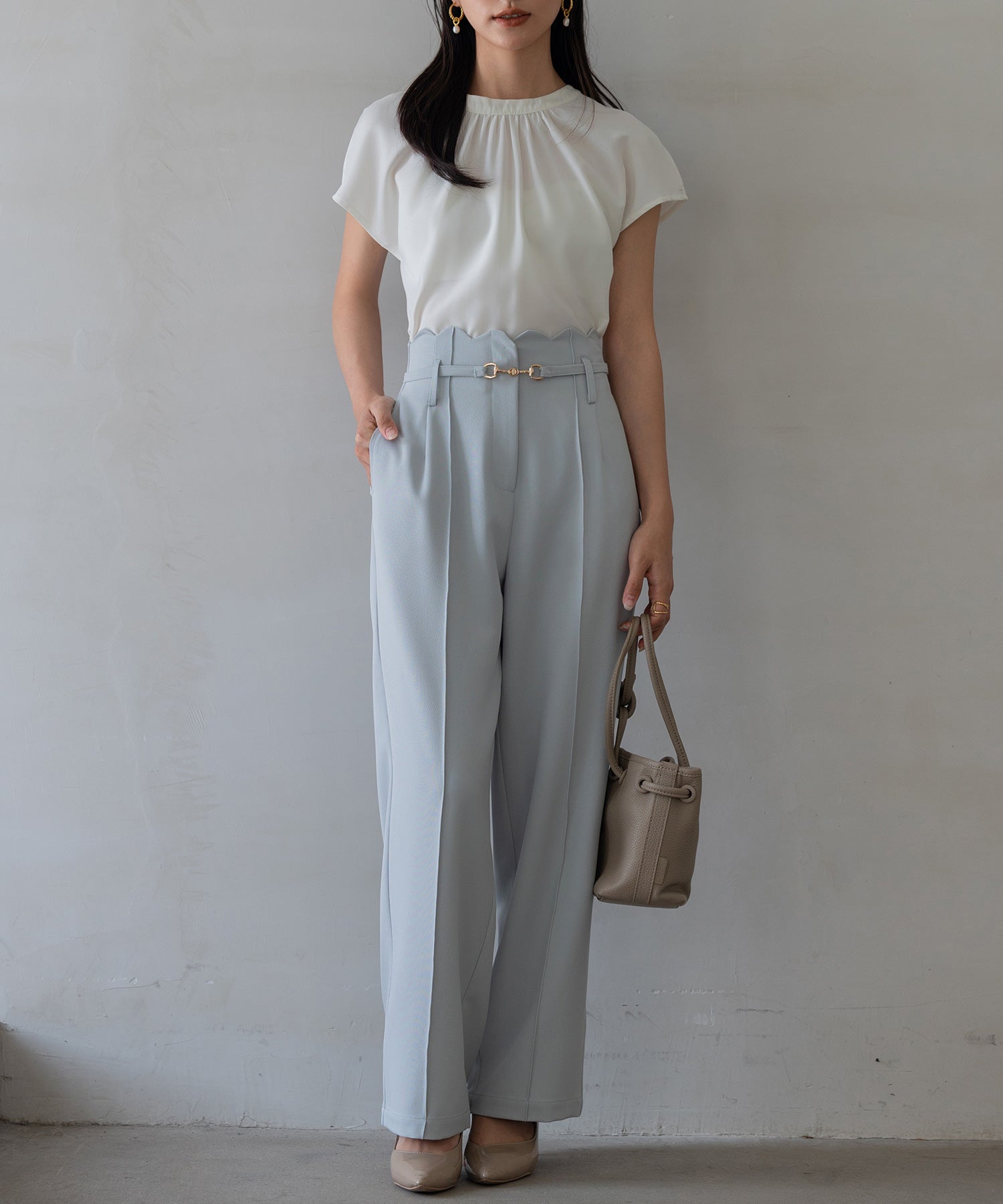 【生地リニューアル】スカラップハイウエストパンツsdp0172b ブルーグレー