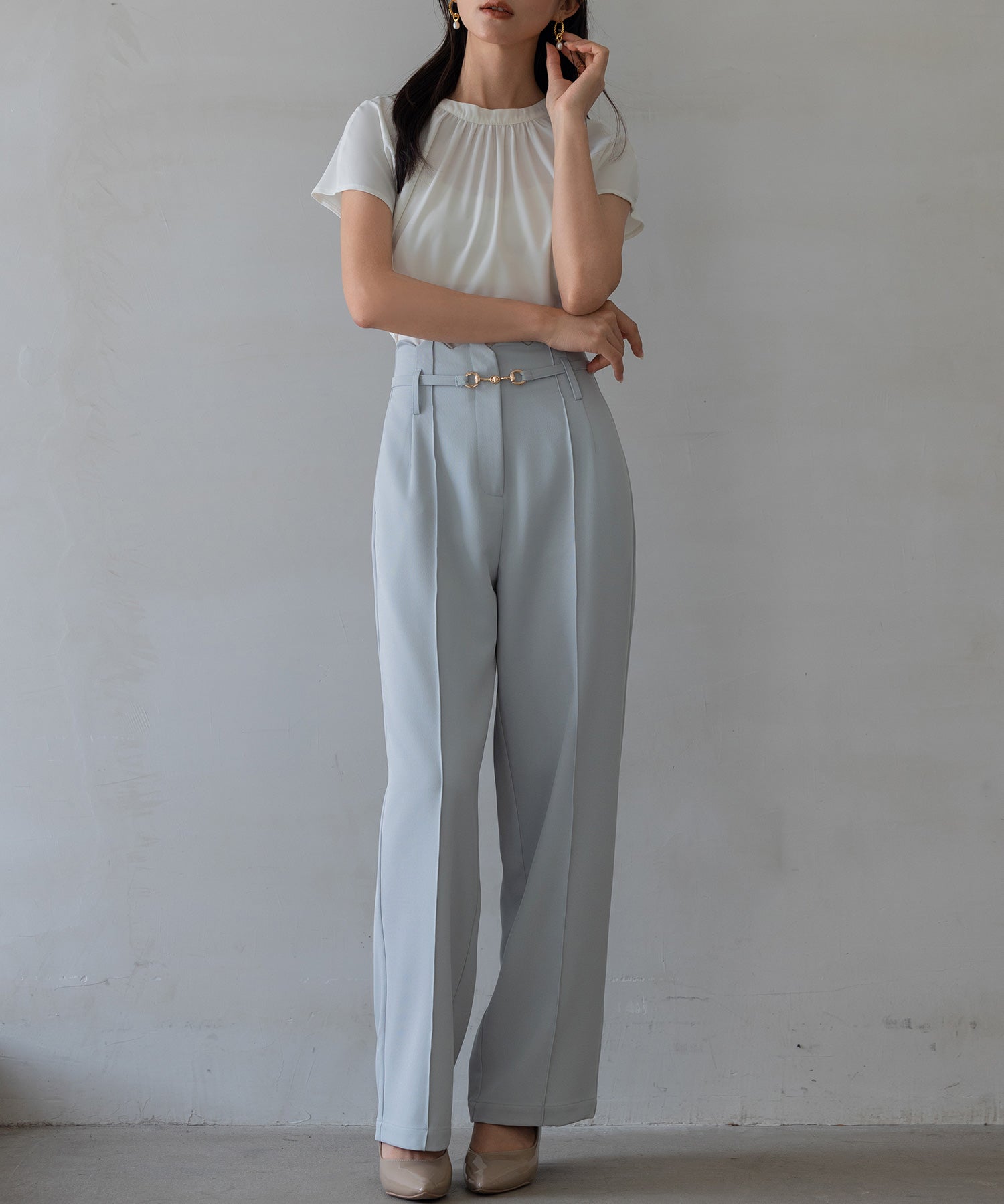 【生地リニューアル】スカラップハイウエストパンツsdp0172b ブルーグレー