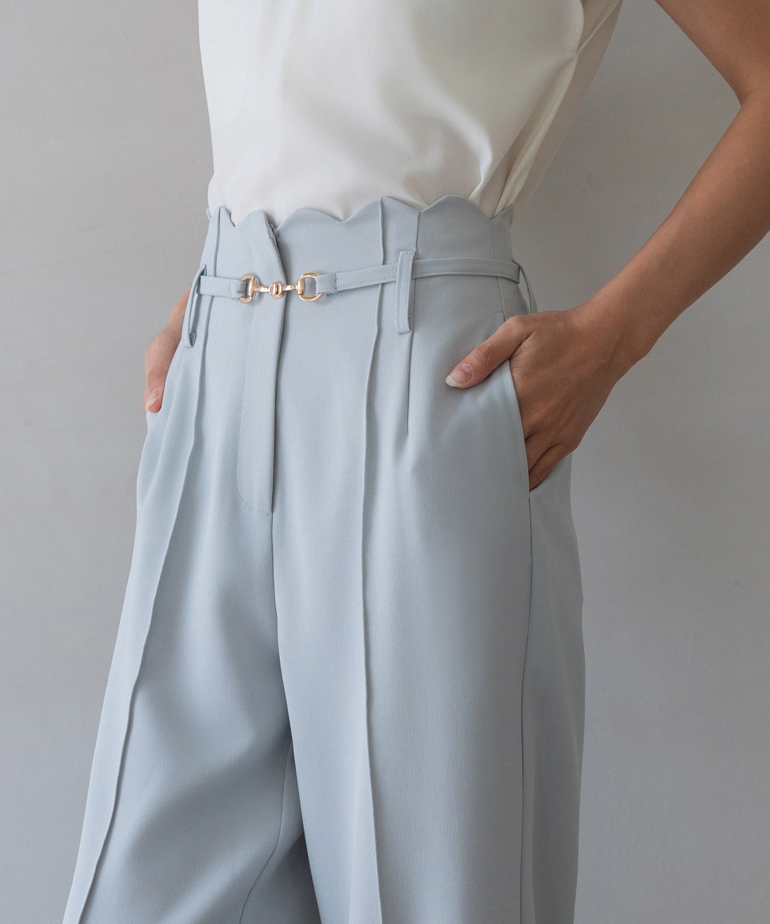 【生地リニューアル】スカラップハイウエストパンツsdp0172b ブルーグレー