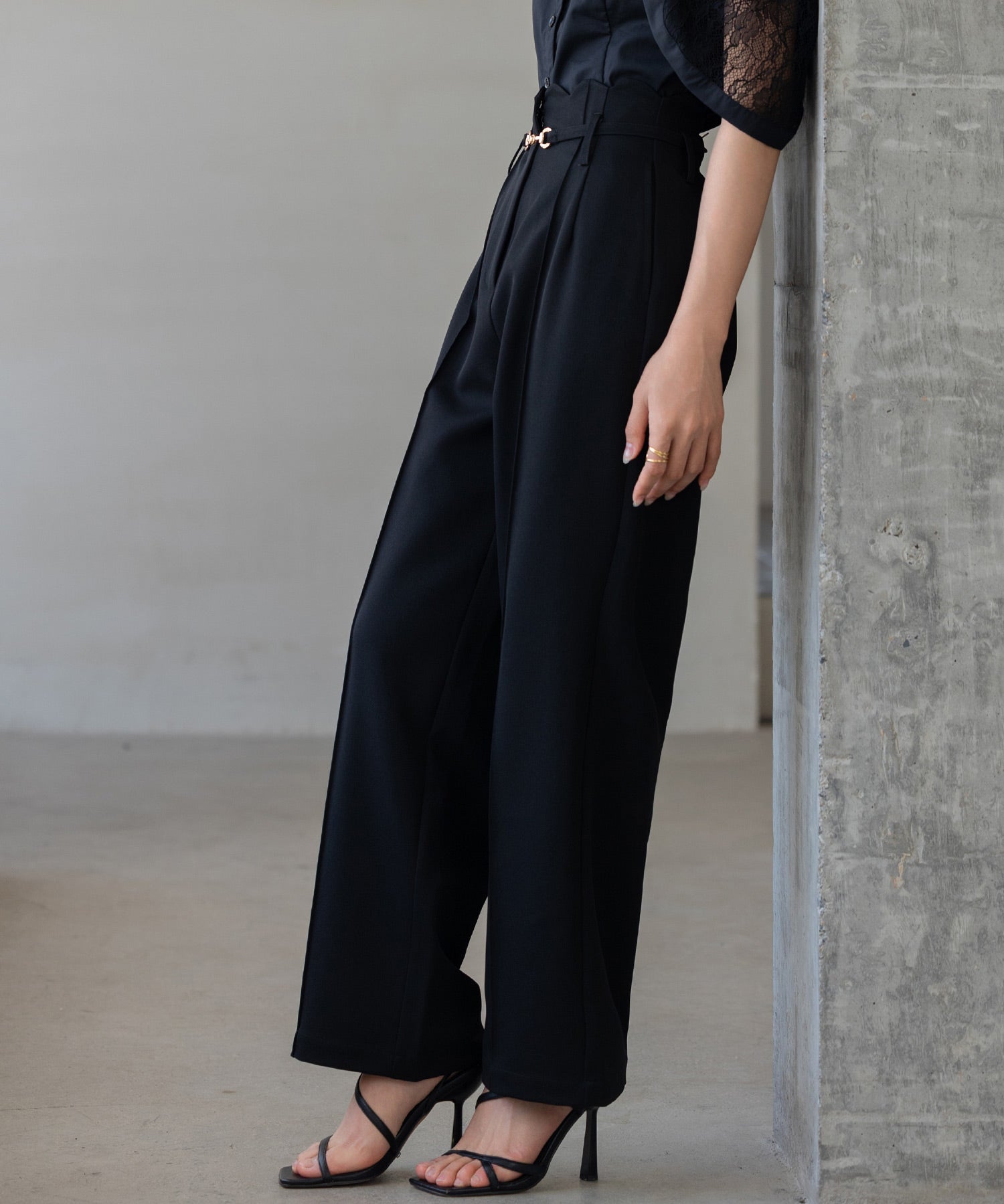 【生地リニューアル】スカラップハイウエストパンツsdp0172b ブラック