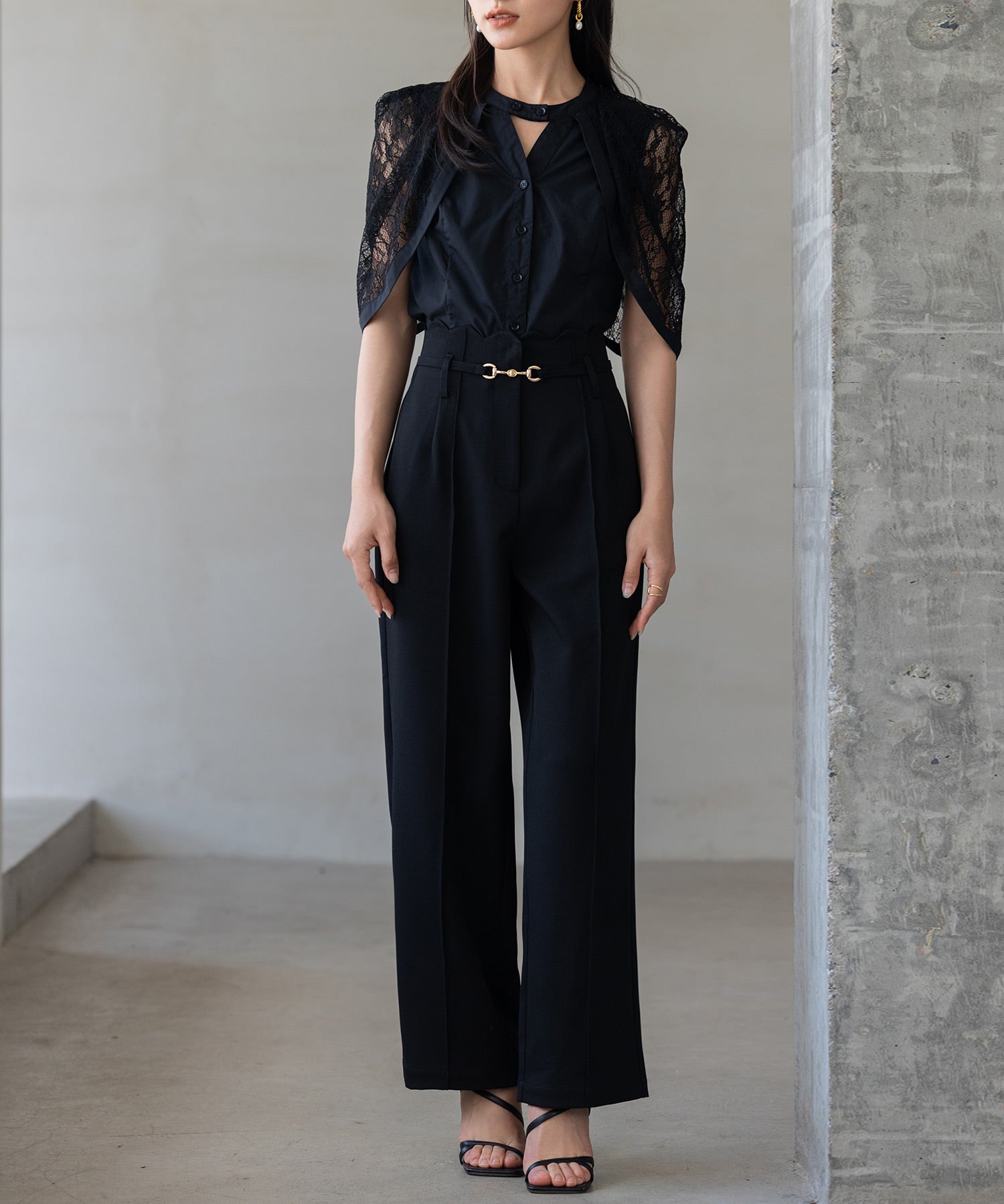 【生地リニューアル】スカラップハイウエストパンツsdp0172b ブラック