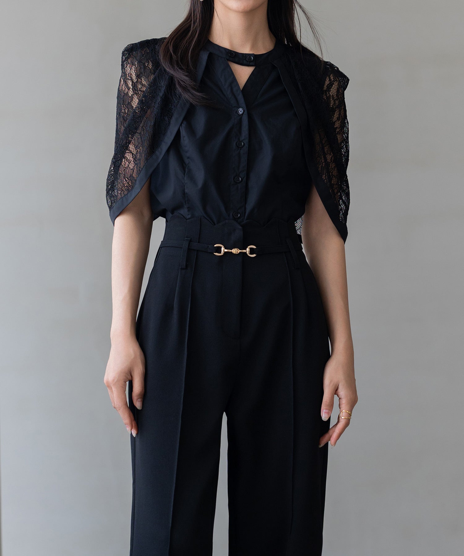 【生地リニューアル】スカラップハイウエストパンツsdp0172b ブラック