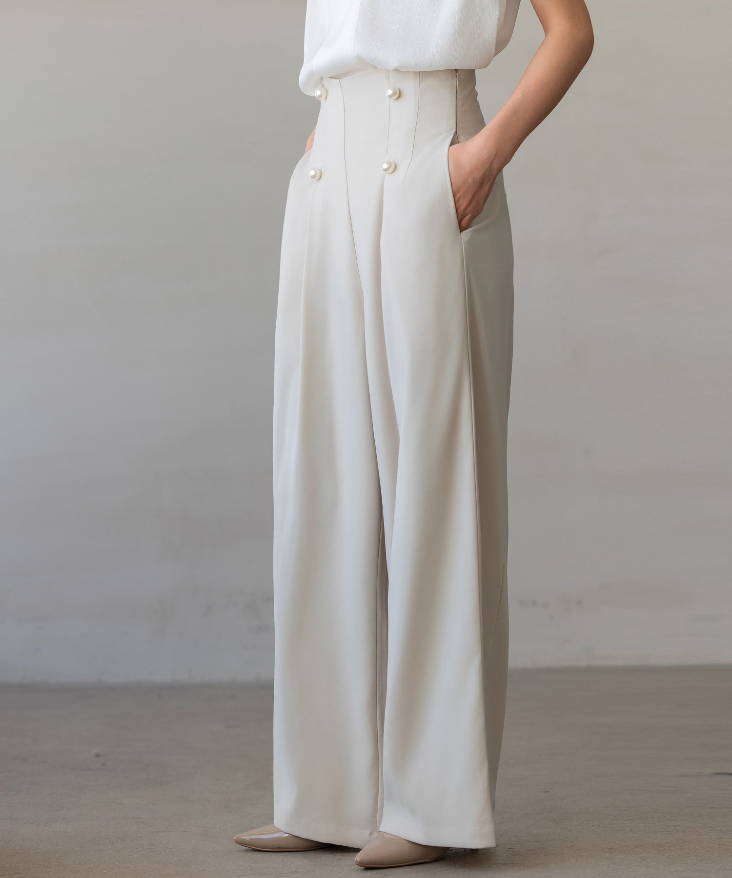 【生地リニューアル】フロントパールワイドパンツsdp0174b ベージュ