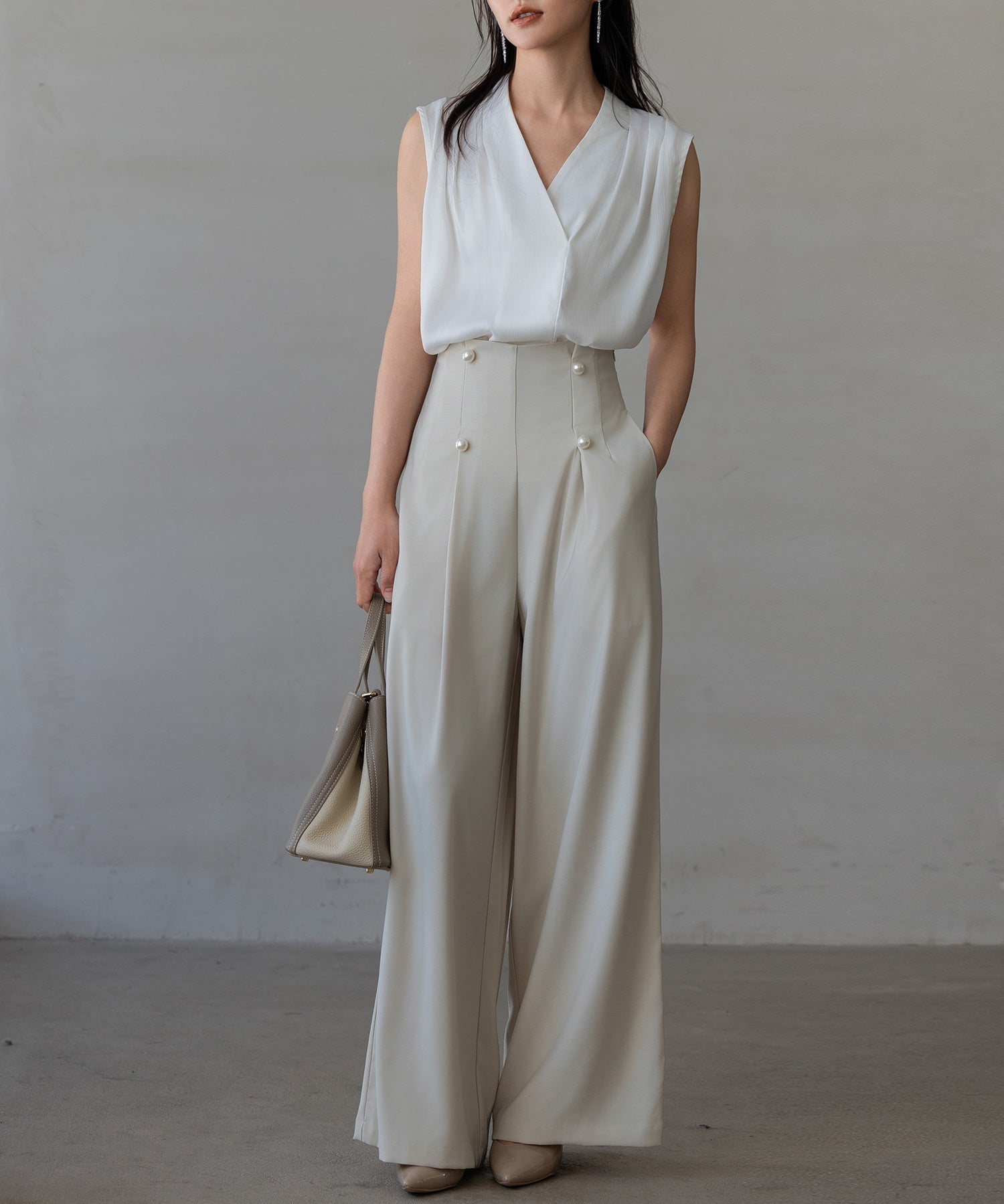 【生地リニューアル】フロントパールワイドパンツsdp0174b ベージュ