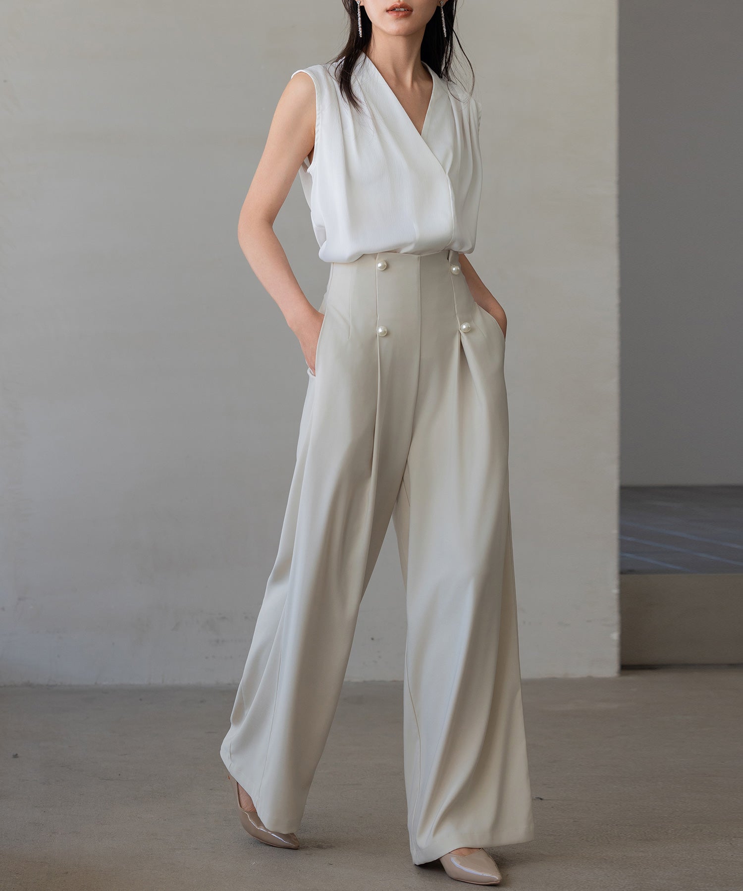 【生地リニューアル】フロントパールワイドパンツsdp0174b ベージュ