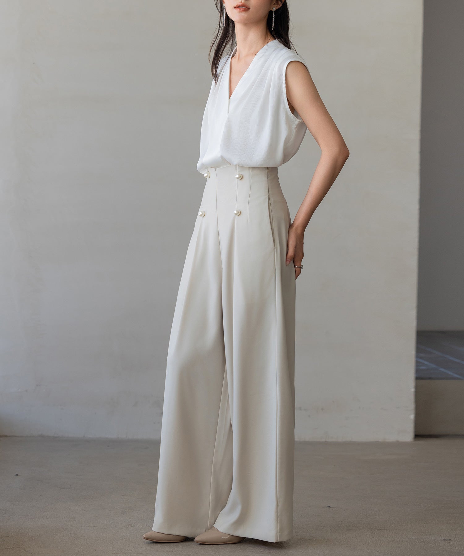 【生地リニューアル】フロントパールワイドパンツsdp0174b ベージュ