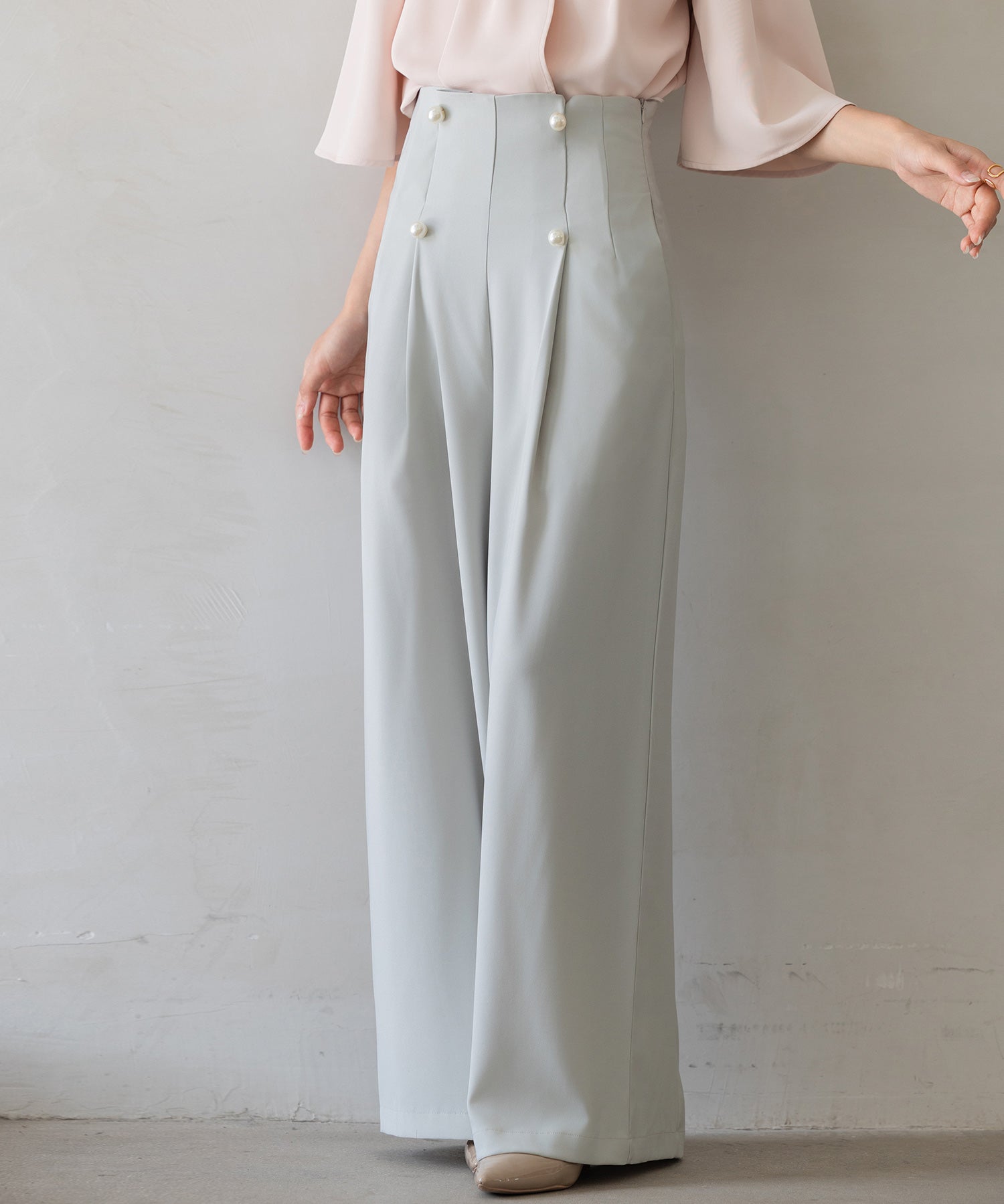 【生地リニューアル】フロントパールワイドパンツsdp0174b ライトグリーン