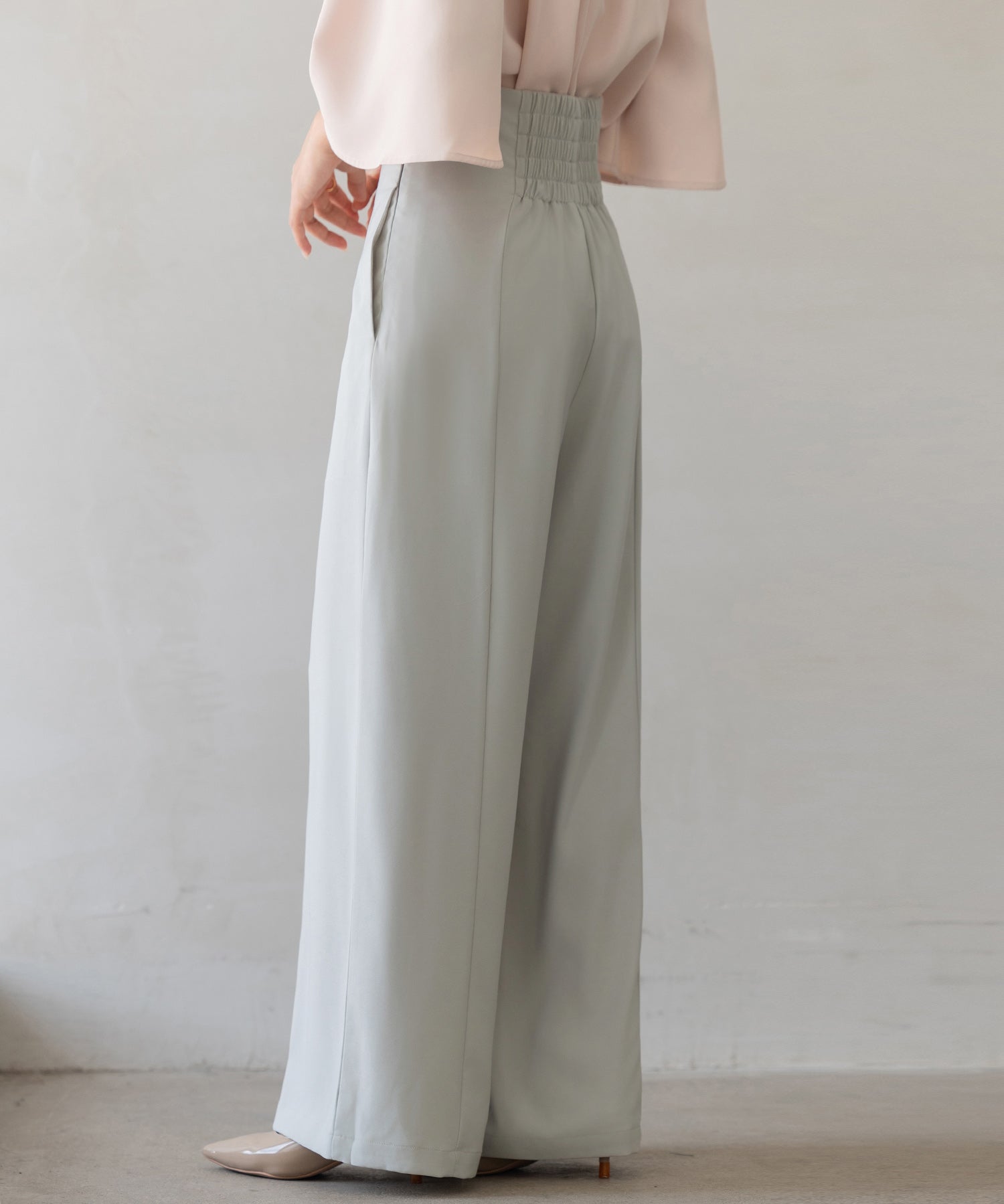 【生地リニューアル】フロントパールワイドパンツsdp0174b ライトグリーン