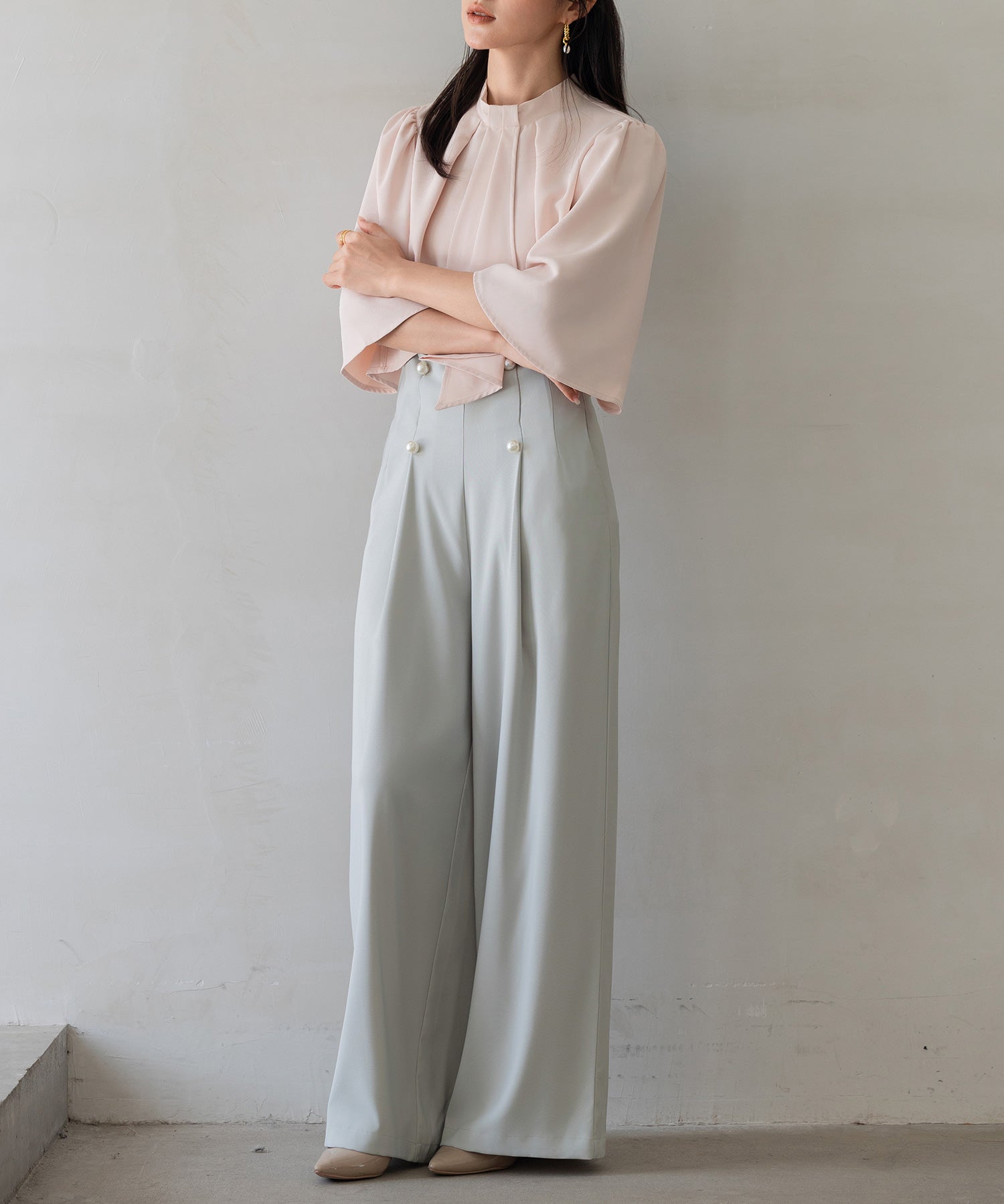 【生地リニューアル】フロントパールワイドパンツsdp0174b ライトグリーン