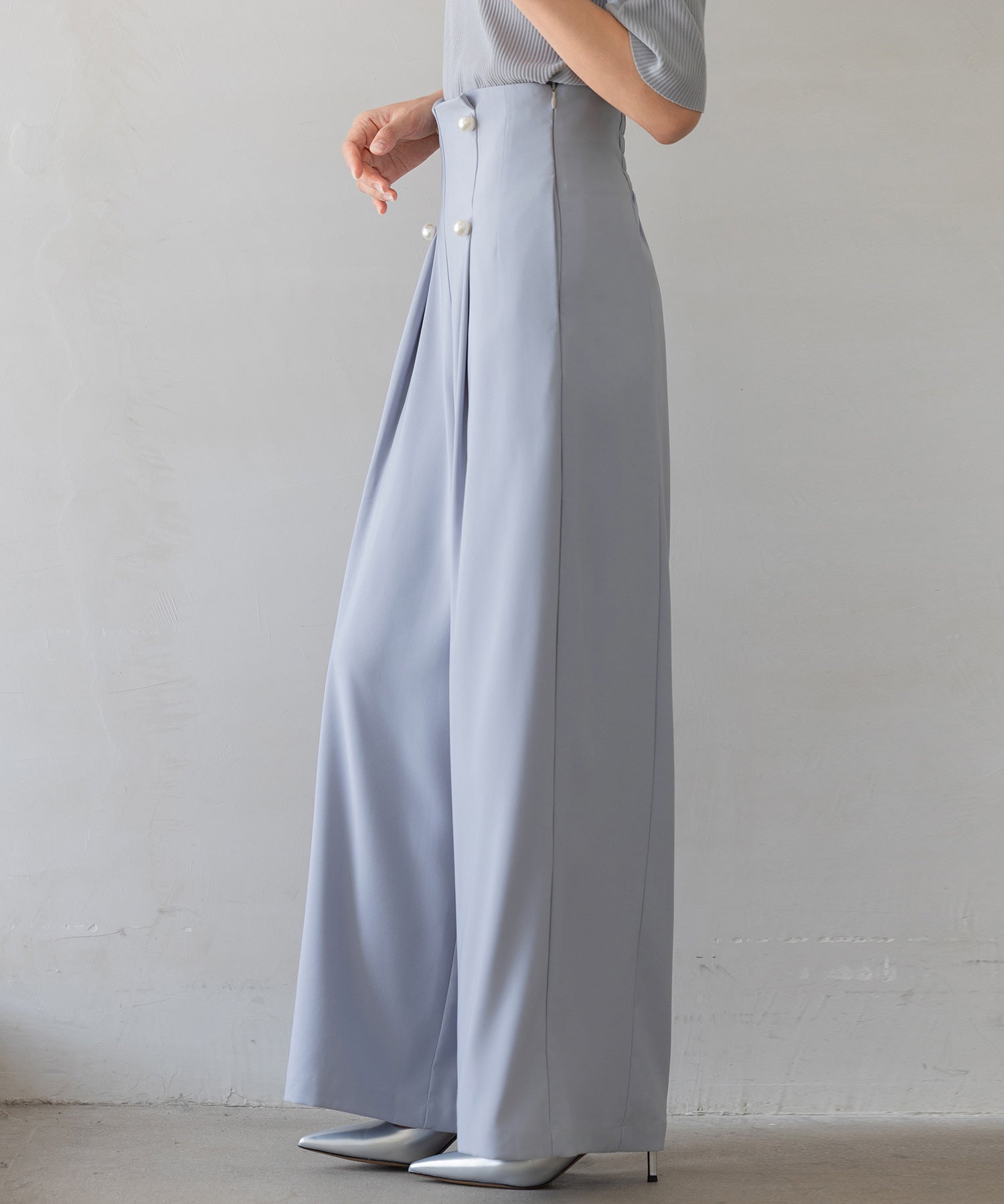 【生地リニューアル】フロントパールワイドパンツsdp0174b ブルーグレー