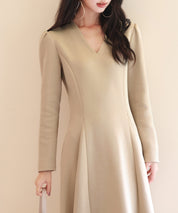 ポンチ素材Vネックゴアードワンピースsdp0177 ベージュ