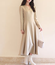 ポンチ素材Vネックゴアードワンピースsdp0177 ベージュ