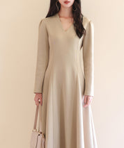 ポンチ素材Vネックゴアードワンピースsdp0177 ベージュ