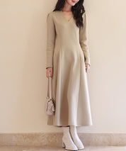 ポンチ素材Vネックゴアードワンピースsdp0177 ベージュ