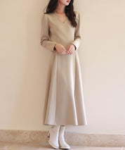 ポンチ素材Vネックゴアードワンピースsdp0177 ベージュ