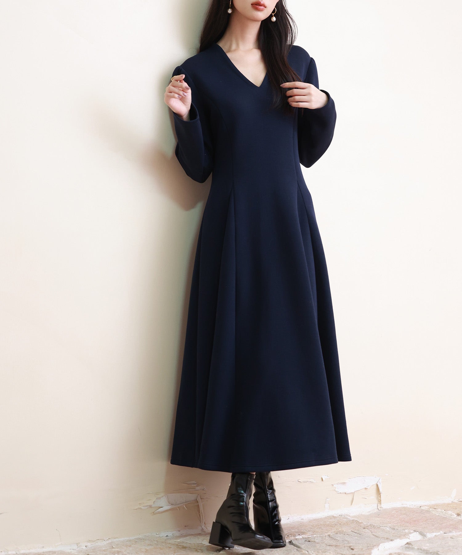 ポンチ素材Vネックゴアードワンピースsdp0177-102-16