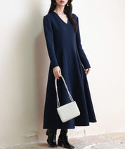 ポンチ素材Vネックゴアードワンピースsdp0177 ネイビー