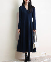 ポンチ素材Vネックゴアードワンピースsdp0177 ネイビー