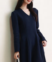 ポンチ素材Vネックゴアードワンピースsdp0177 ネイビー