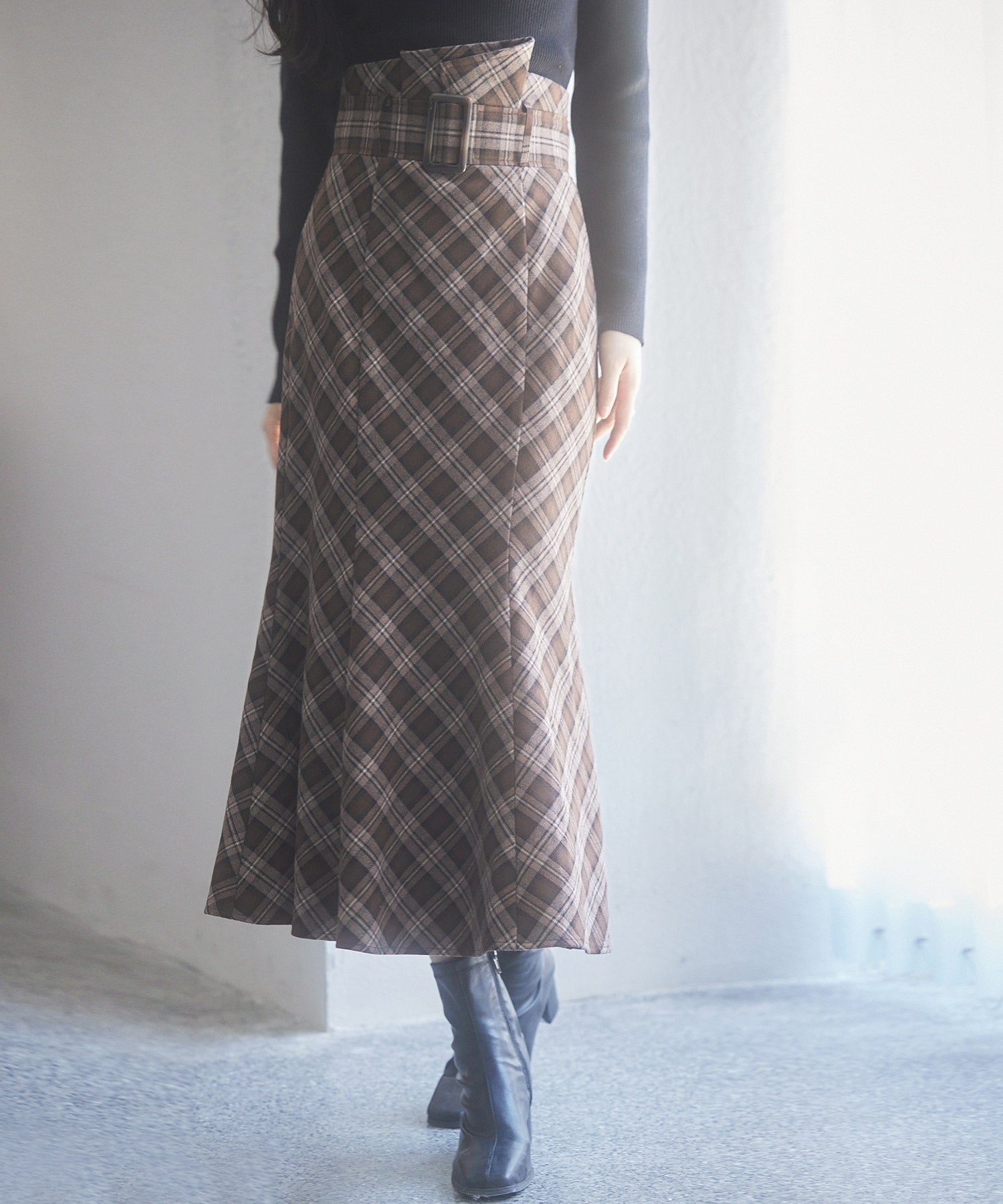 配色チェック柄ハイウエストスカートsdp0197b ブラウン