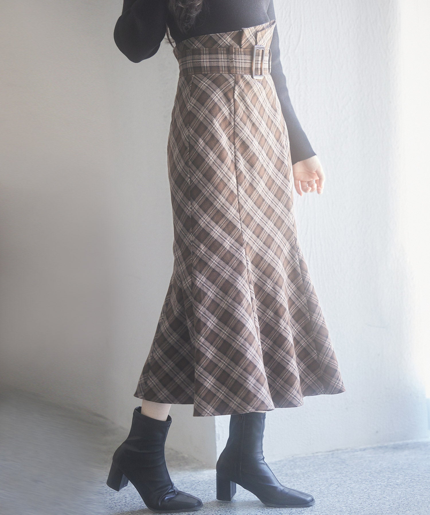 配色チェック柄ハイウエストスカートsdp0197b ブラウン