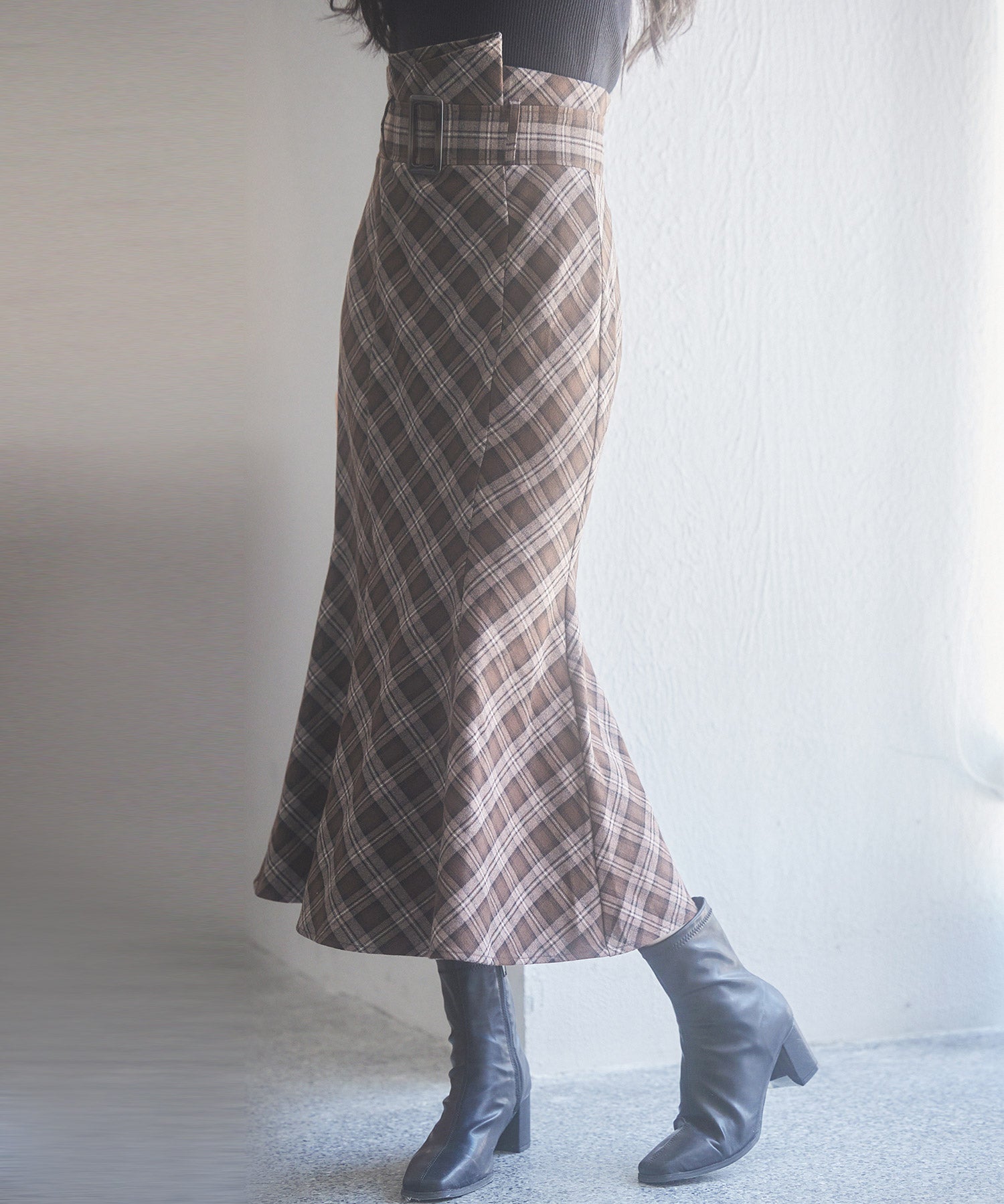 配色チェック柄ハイウエストスカートsdp0197b ブラウン