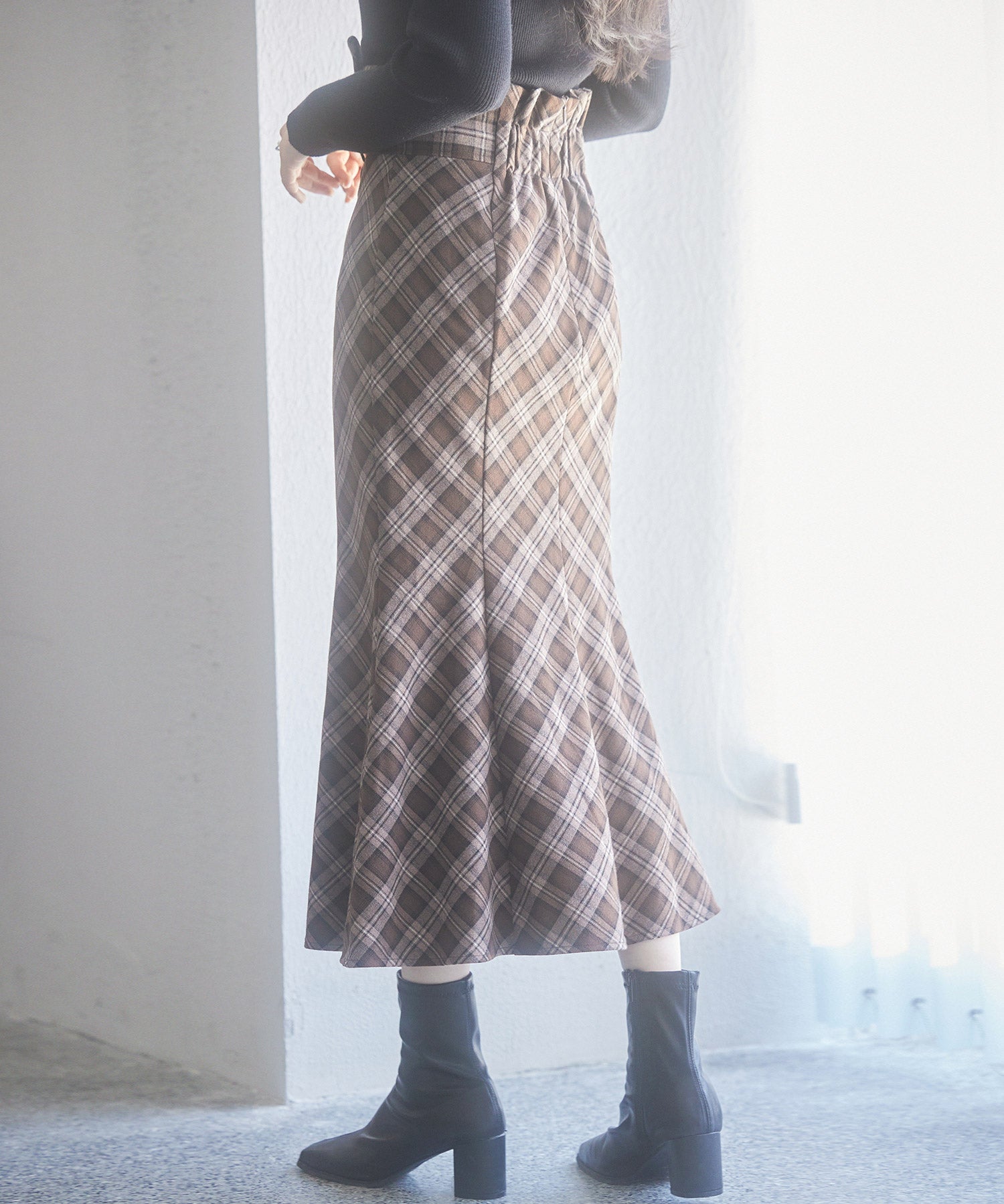 配色チェック柄ハイウエストスカートsdp0197b ブラウン