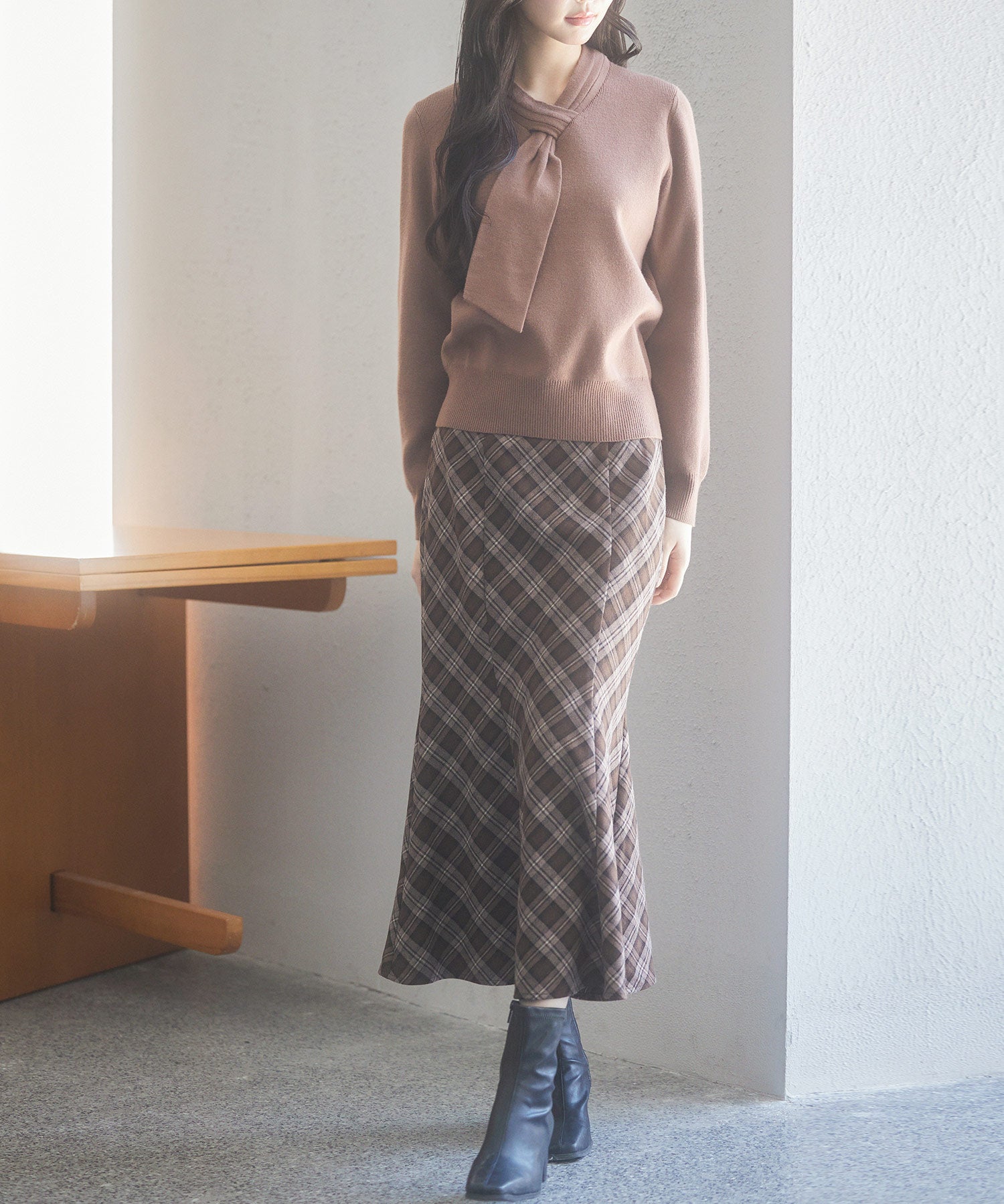 配色チェック柄ハイウエストスカートsdp0197b ブラウン