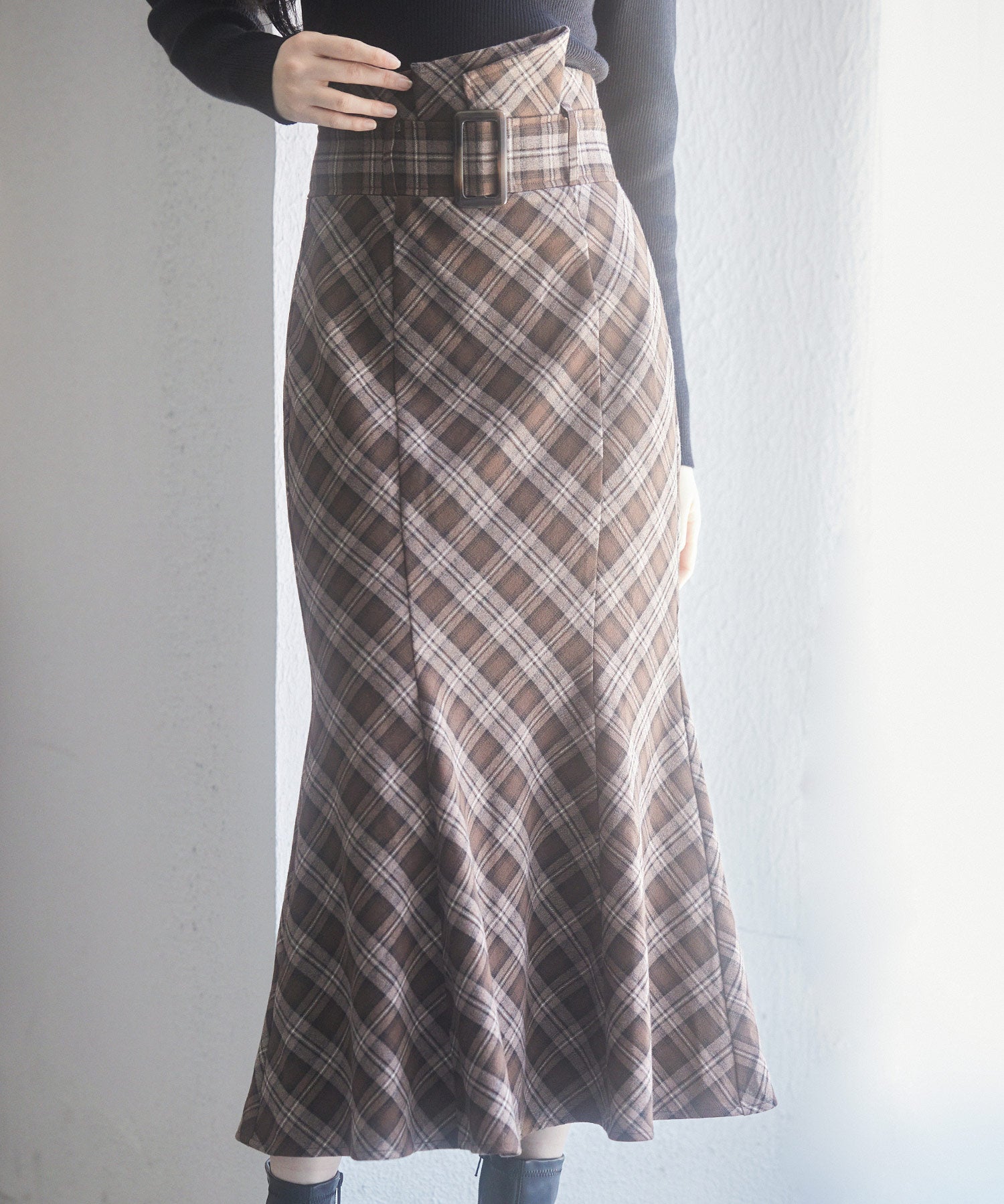 配色チェック柄ハイウエストスカートsdp0197b ブラウン