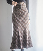 配色チェック柄ハイウエストスカートsdp0197b ブラウン