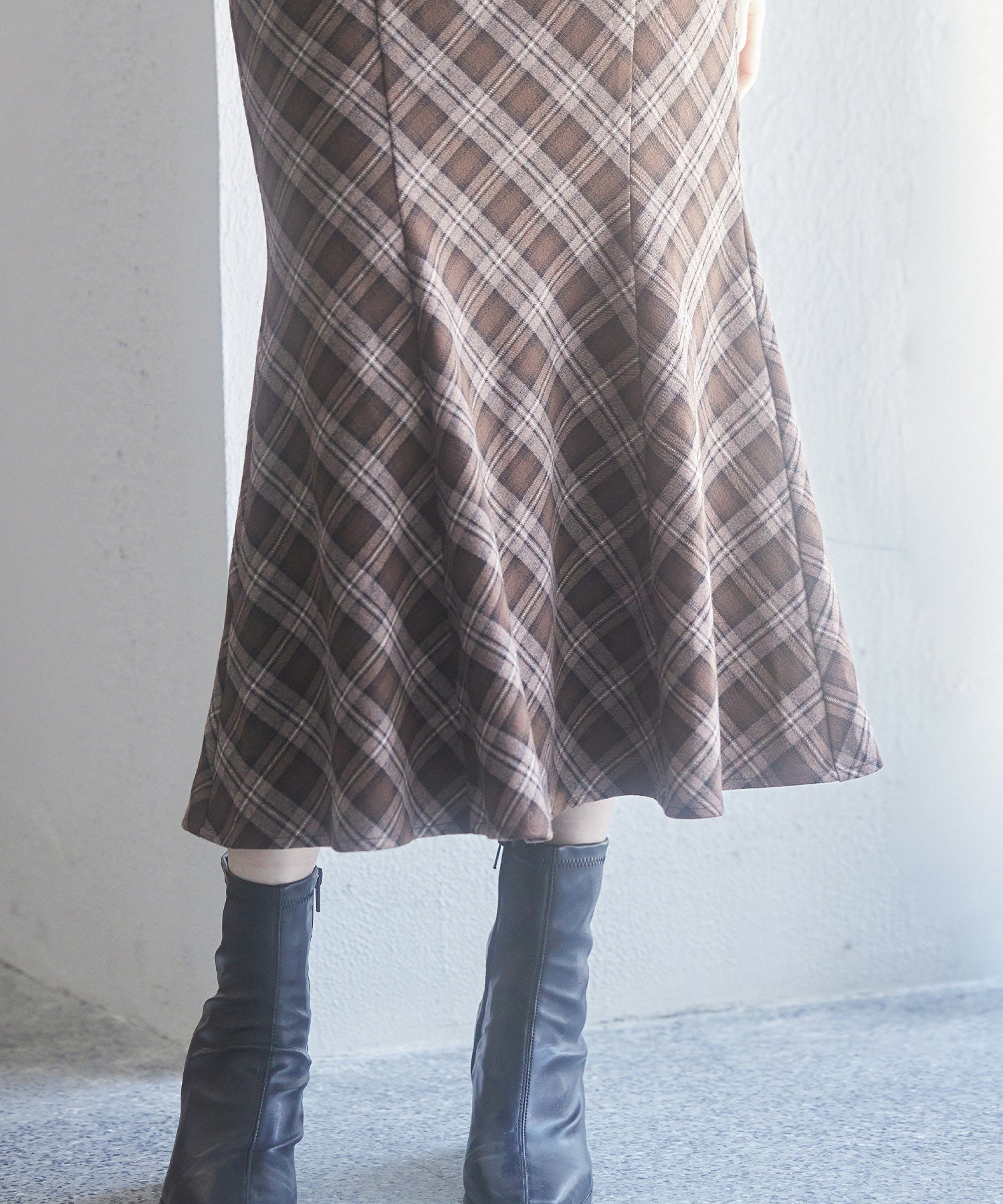 配色チェック柄ハイウエストスカートsdp0197b ブラウン