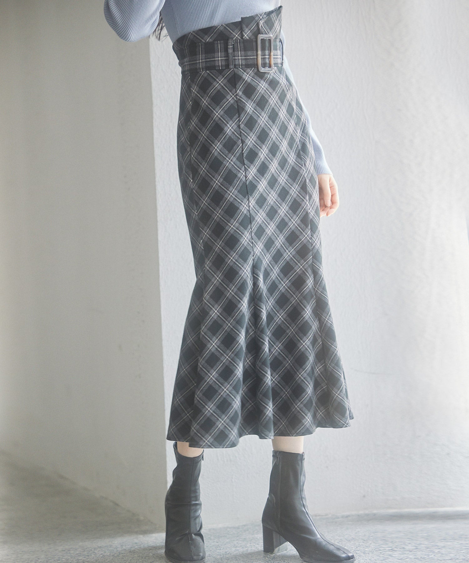 配色チェック柄ハイウエストスカートsdp0197b ブラック