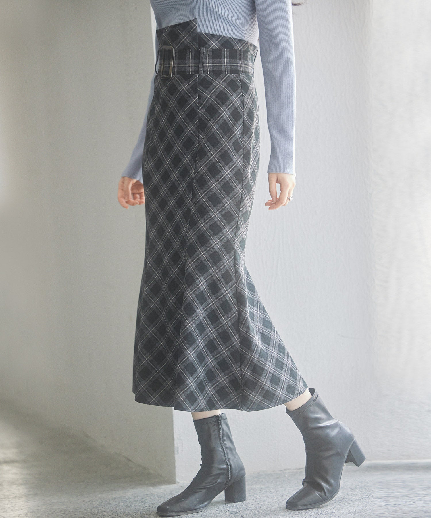 配色チェック柄ハイウエストスカートsdp0197b ブラック