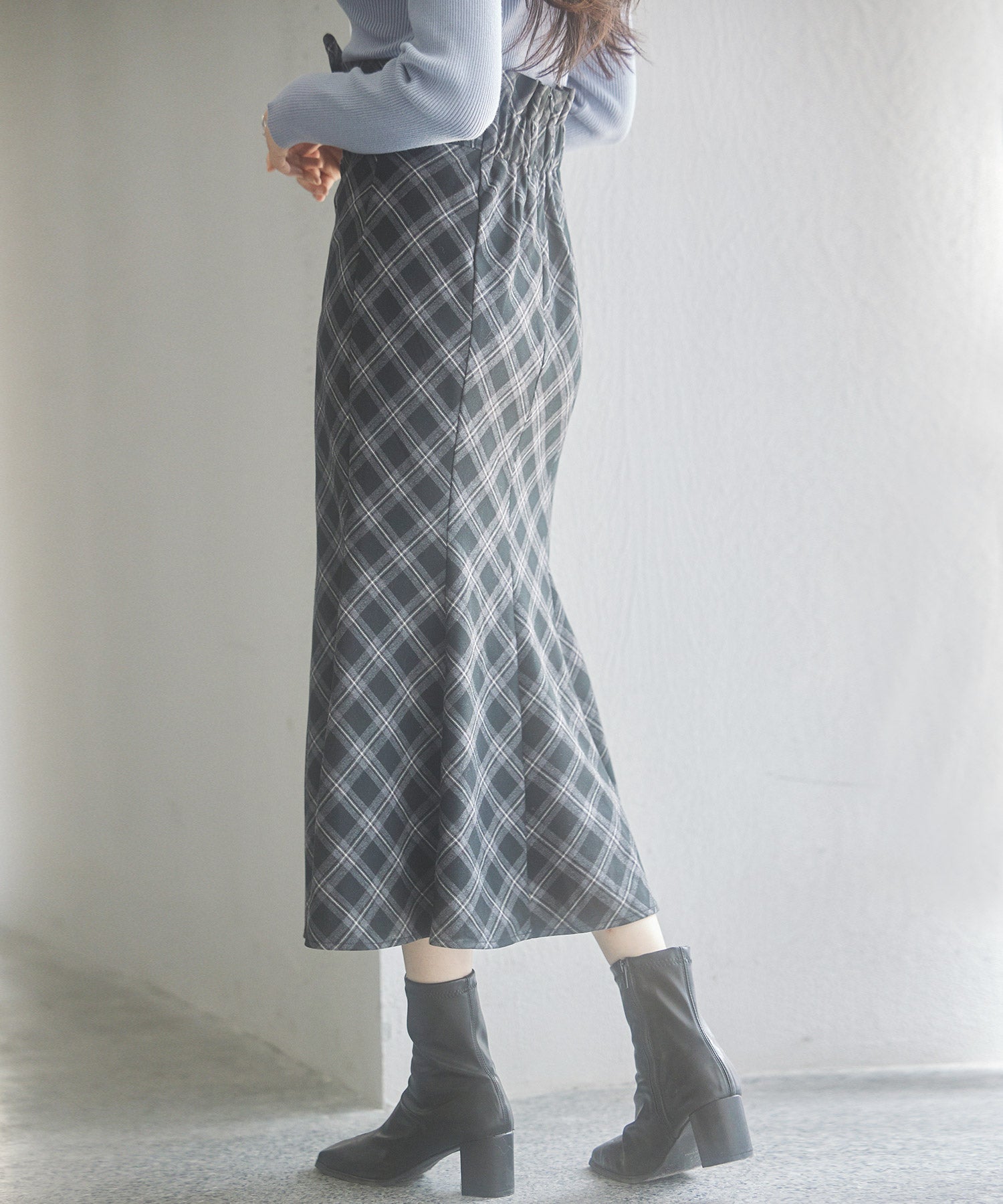配色チェック柄ハイウエストスカートsdp0197b ブラック