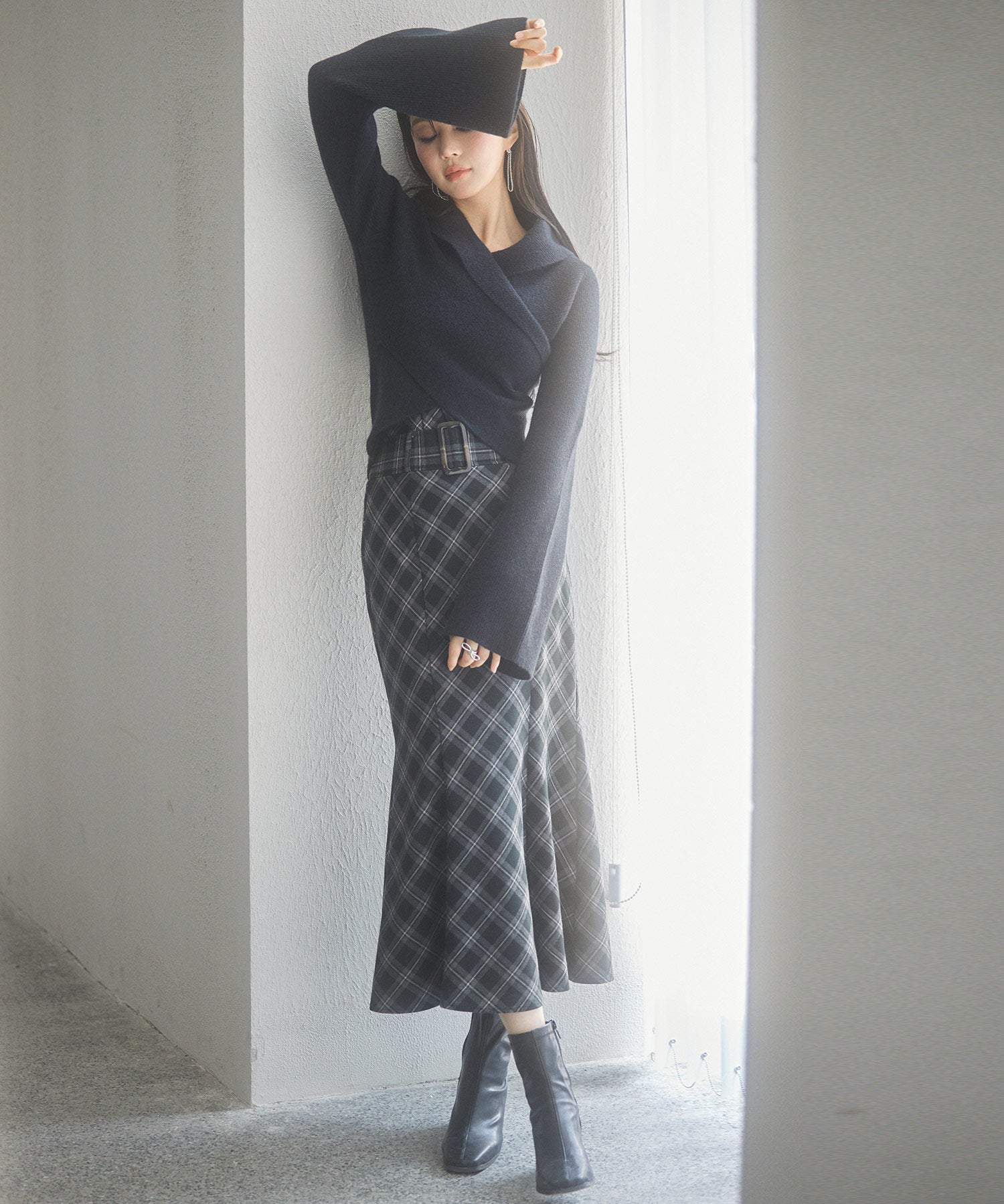 配色チェック柄ハイウエストスカートsdp0197b ブラック