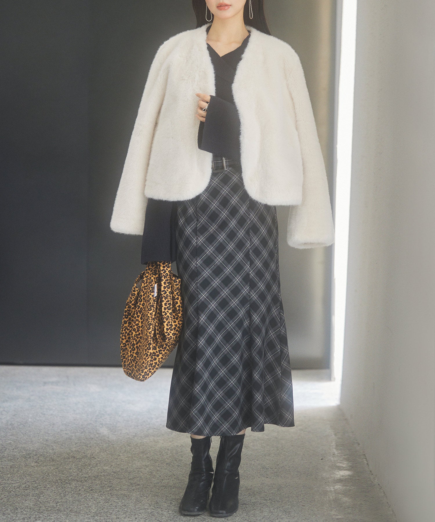 配色チェック柄ハイウエストスカートsdp0197b ブラック