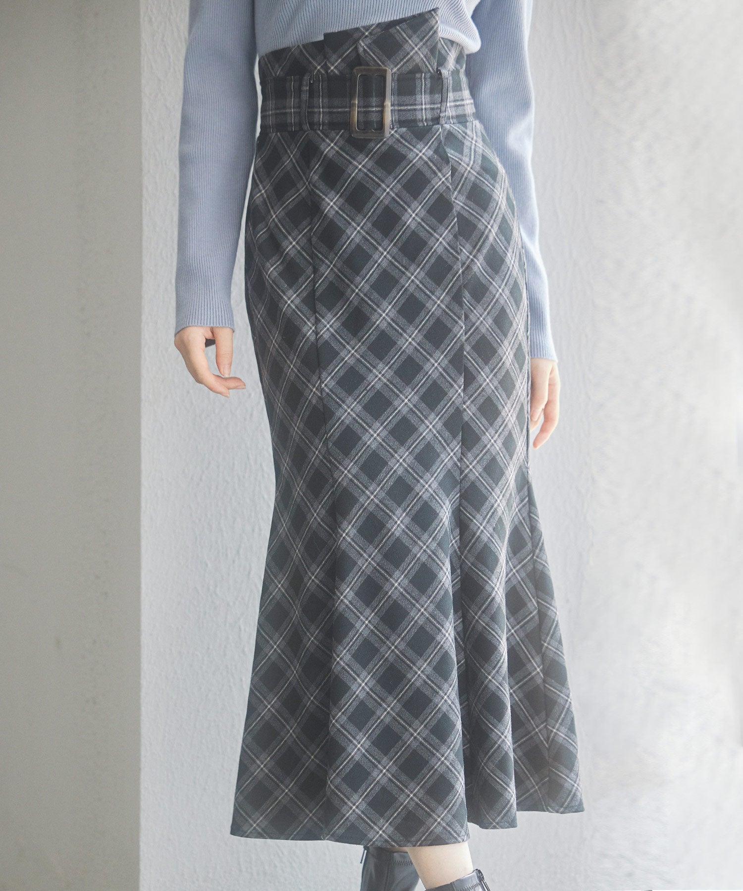 配色チェック柄ハイウエストスカートsdp0197b ブラック