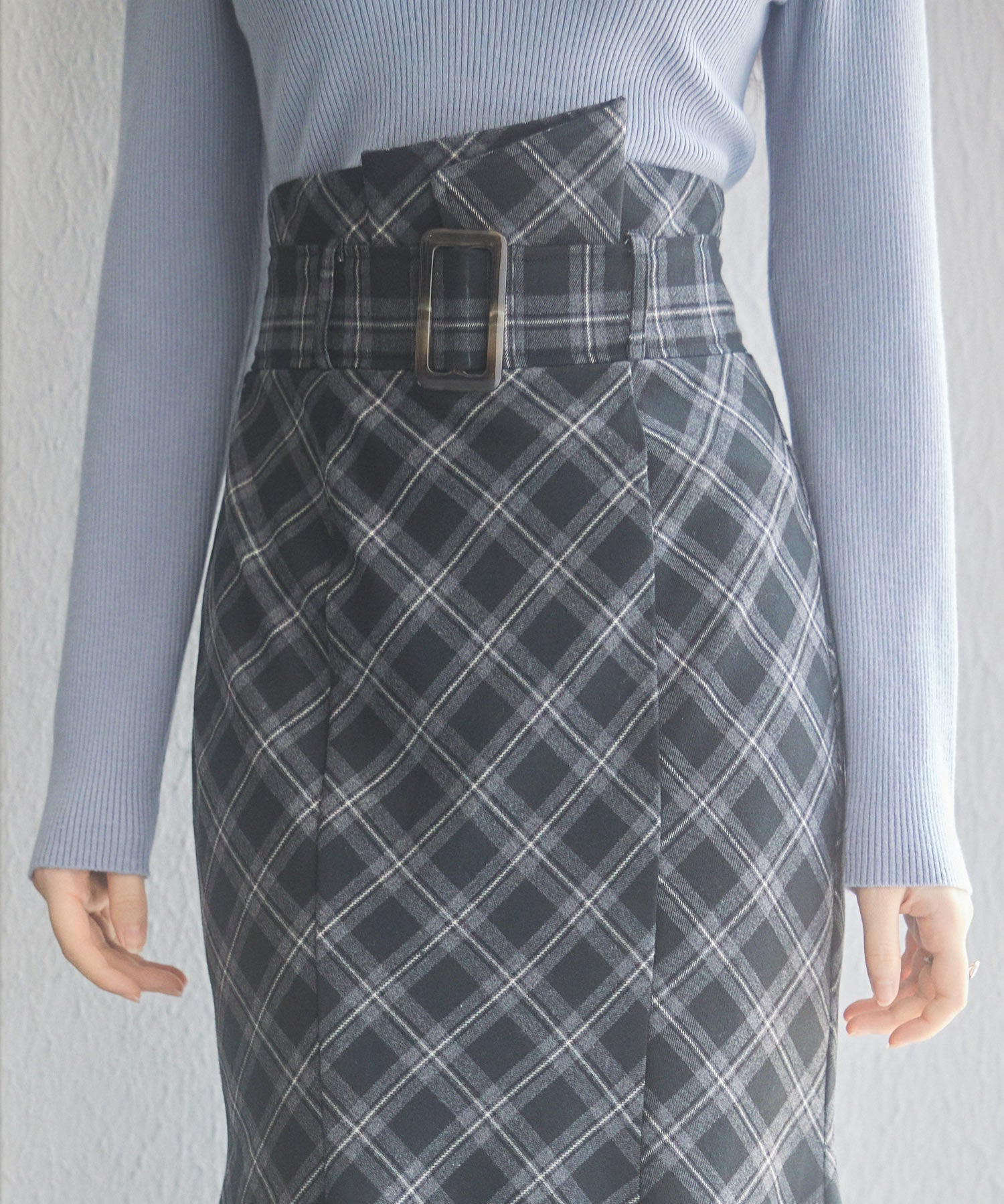 配色チェック柄ハイウエストスカートsdp0197b ブラック