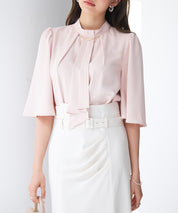 ゴールドモチーフボウタイブラウスsdp0199c ピンクベージュ