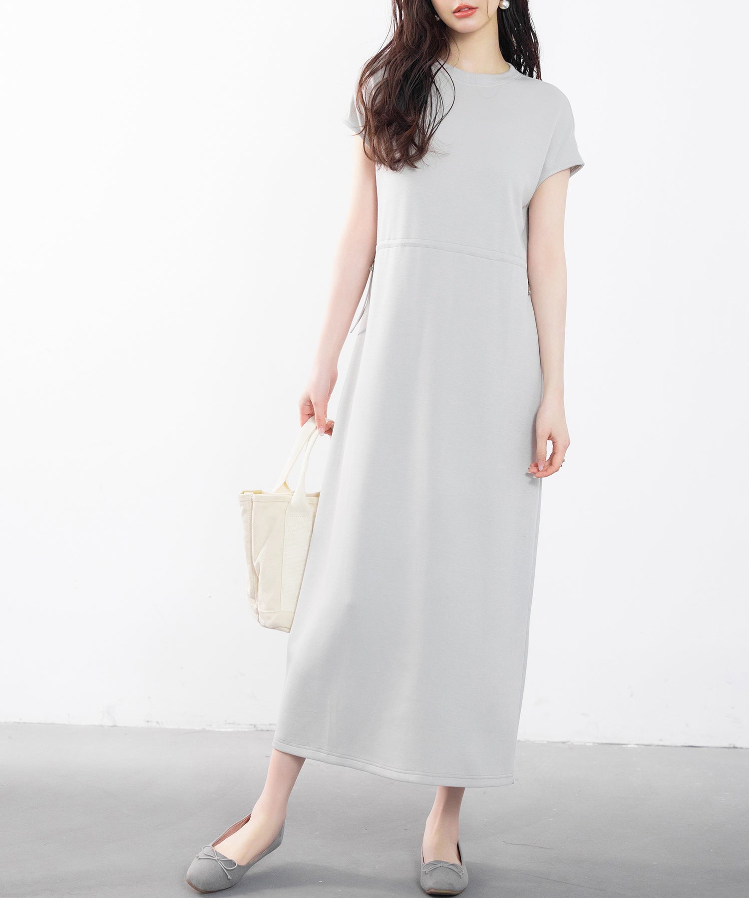 ポンチ素材フレンチスリーブワンピースsdp0201 グレー