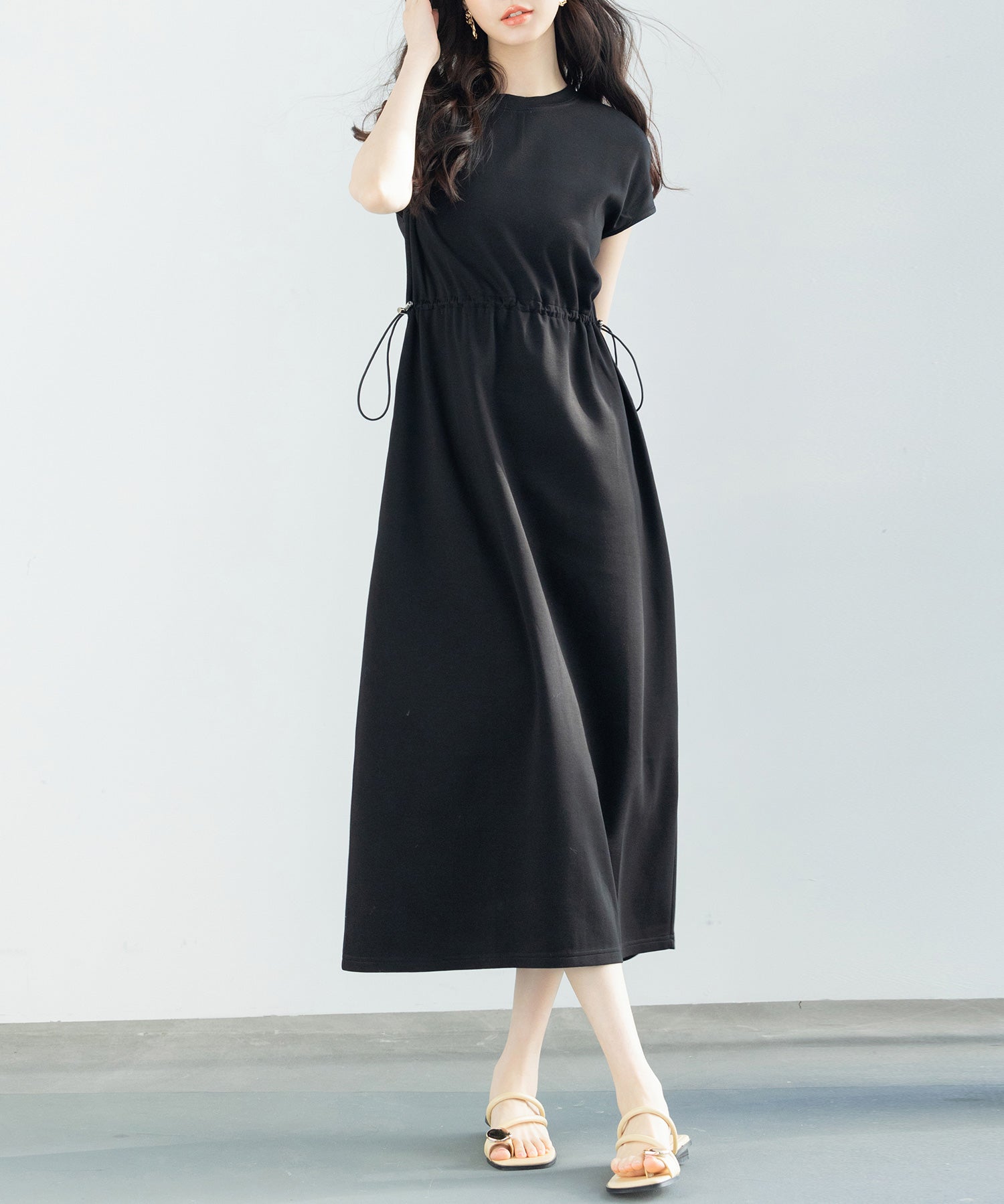 ポンチ素材フレンチスリーブワンピースsdp0201 ブラック