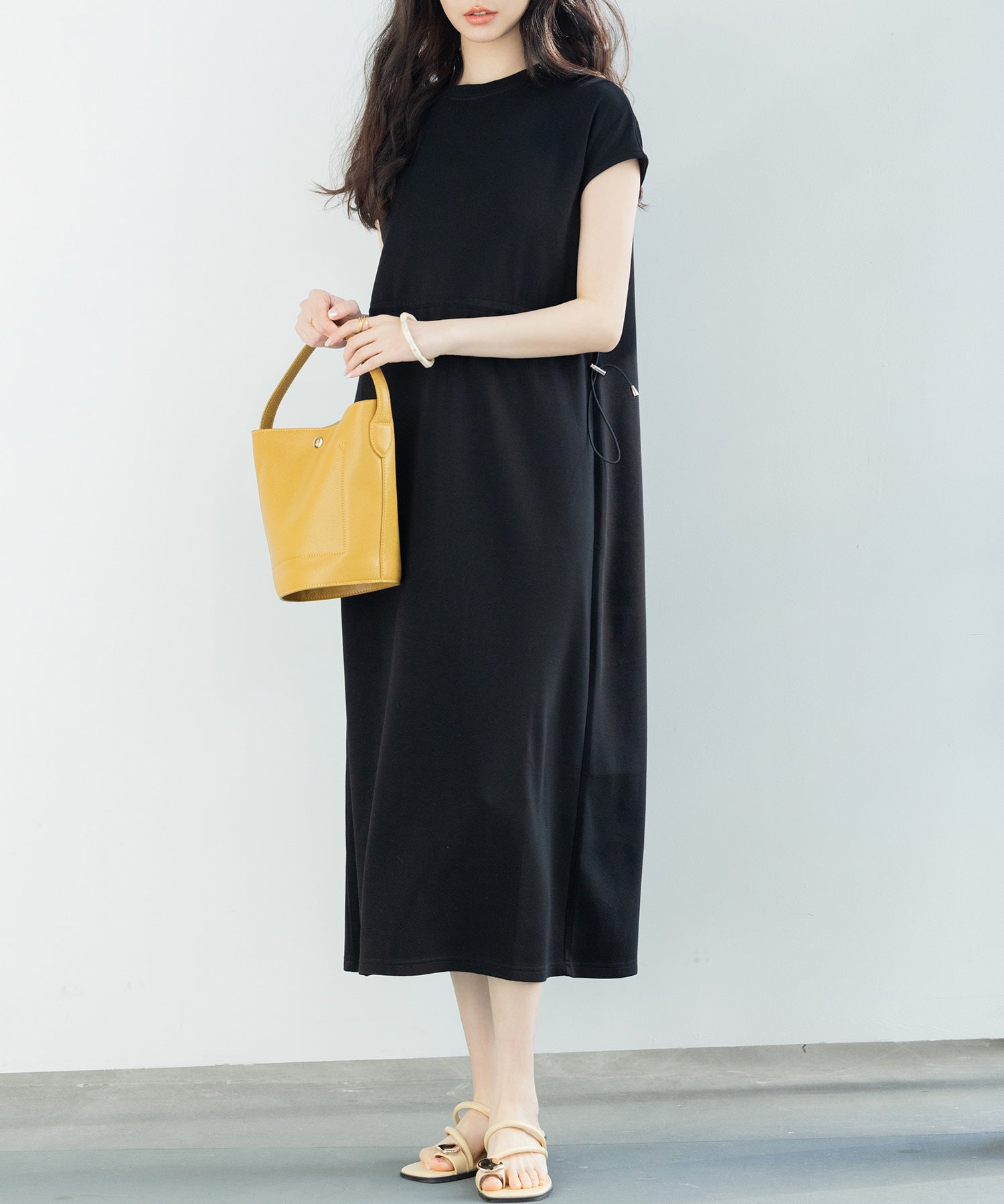 ポンチ素材フレンチスリーブワンピースsdp0201 ブラック