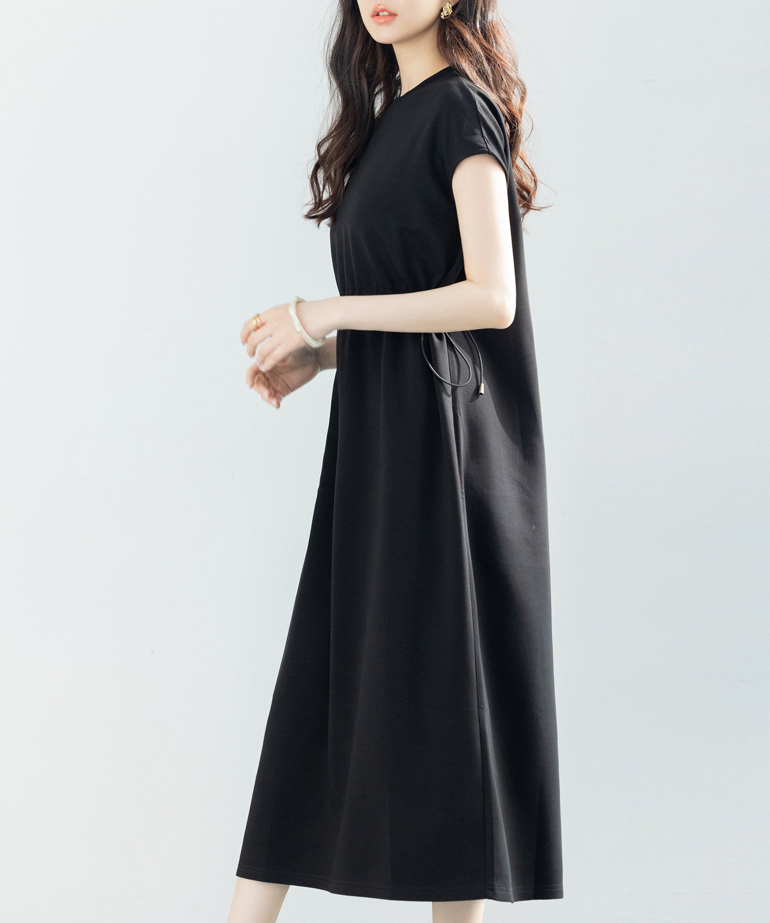 ポンチ素材フレンチスリーブワンピースsdp0201 ブラック