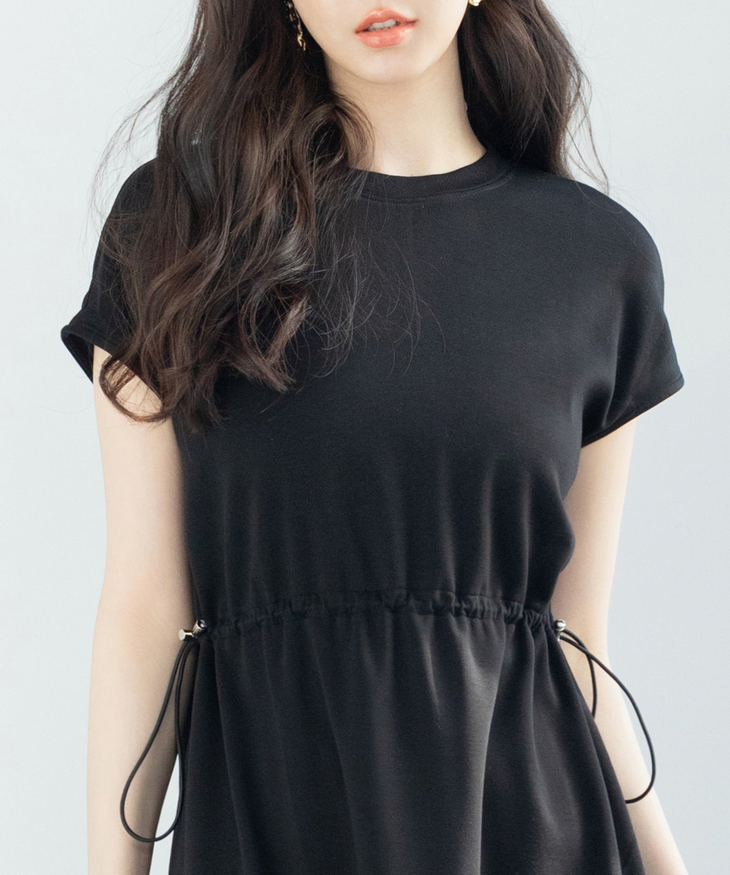 ポンチ素材フレンチスリーブワンピースsdp0201 ブラック